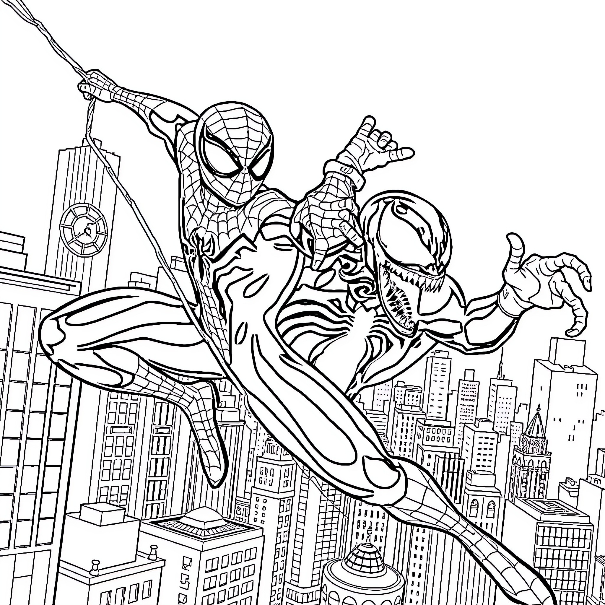Spiderman swinging through the city with Venom Coloring Page (free black-and-white line drawing printable PDF for all, from beginners to advanced learners, including children, teens, adults, and seniors)