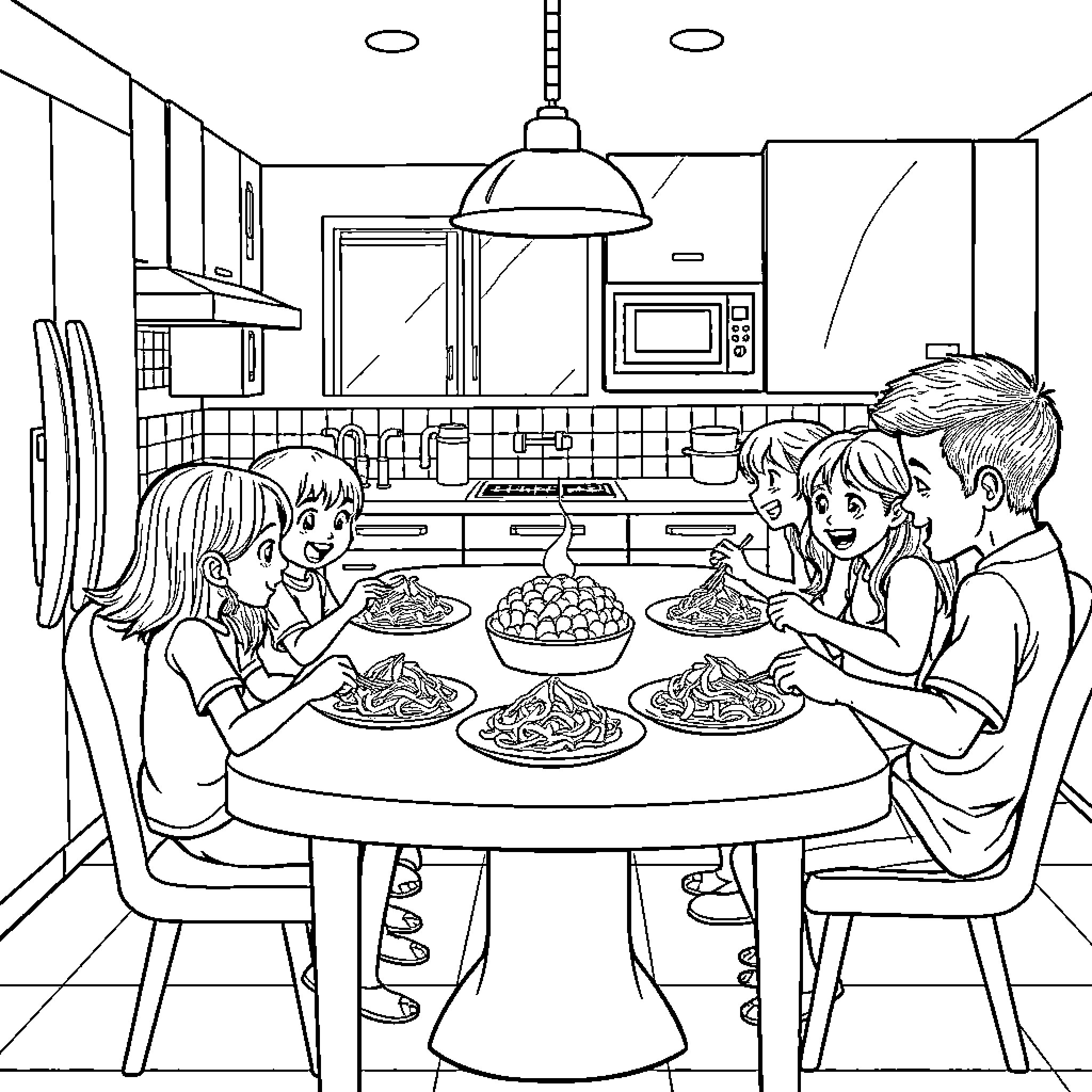 Kitchen Family Gathering with Joyful Expressions Coloring Page (free black-and-white line drawing printable PDF for all, from beginners to advanced learners, including children, teens, adults, and seniors)