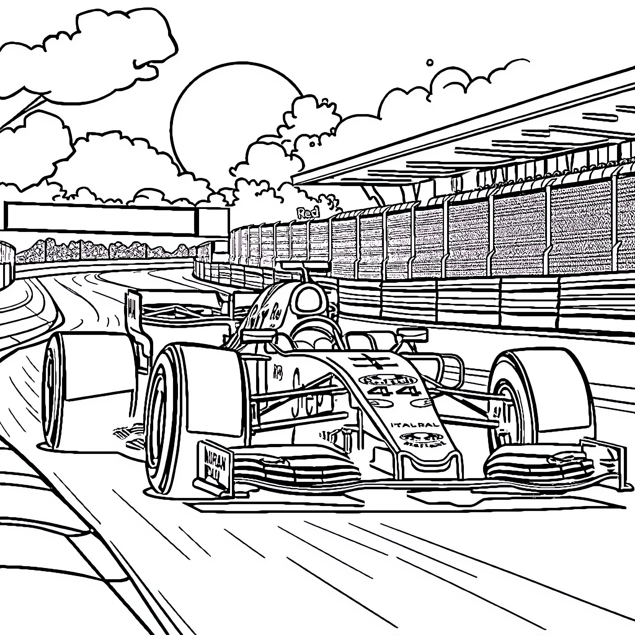 F1 Car racing on track with stands Coloring Page (free black-and-white line drawing printable PDF for all, from beginners to advanced learners, including children, teens, adults, and seniors)