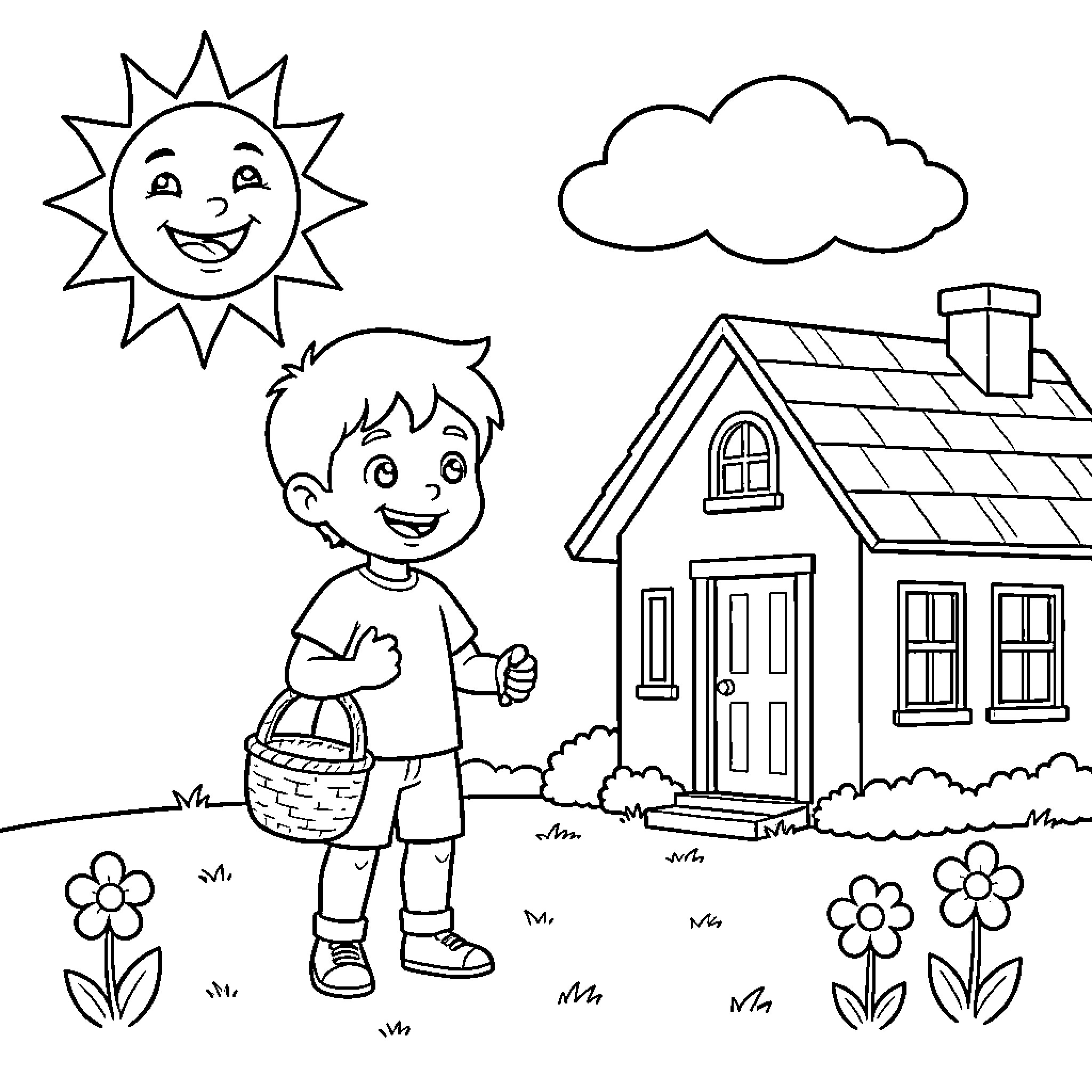 Boy enjoying a sunny day near his house Coloring Page (free black-and-white line drawing printable PDF for all, from beginners to advanced learners, including children, teens, adults, and seniors)
