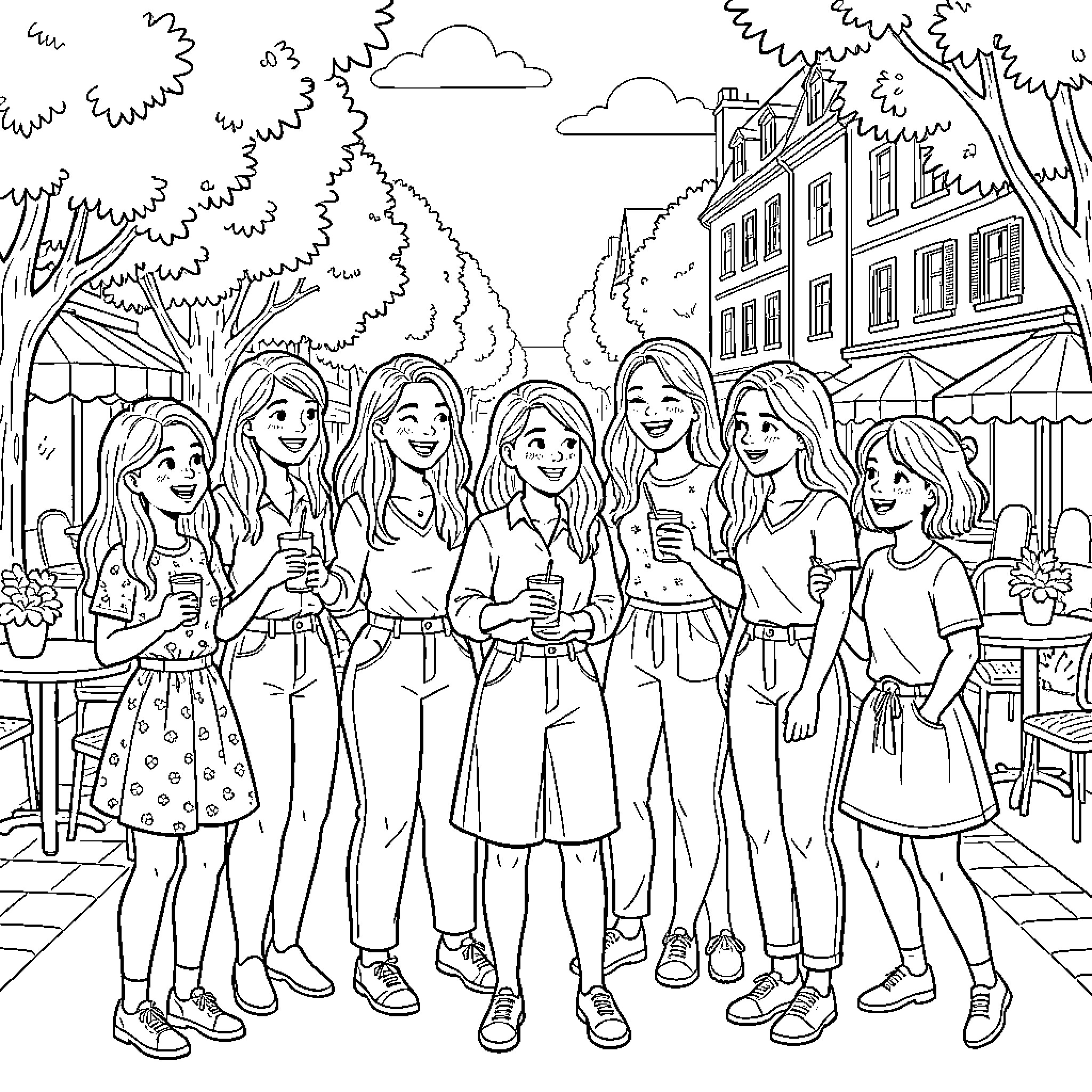 Rennes group of friends laughing together in an outdoor cafe Coloring Page (free black-and-white line drawing printable PDF for all, from beginners to advanced learners, including children, teens, adults, and seniors)
