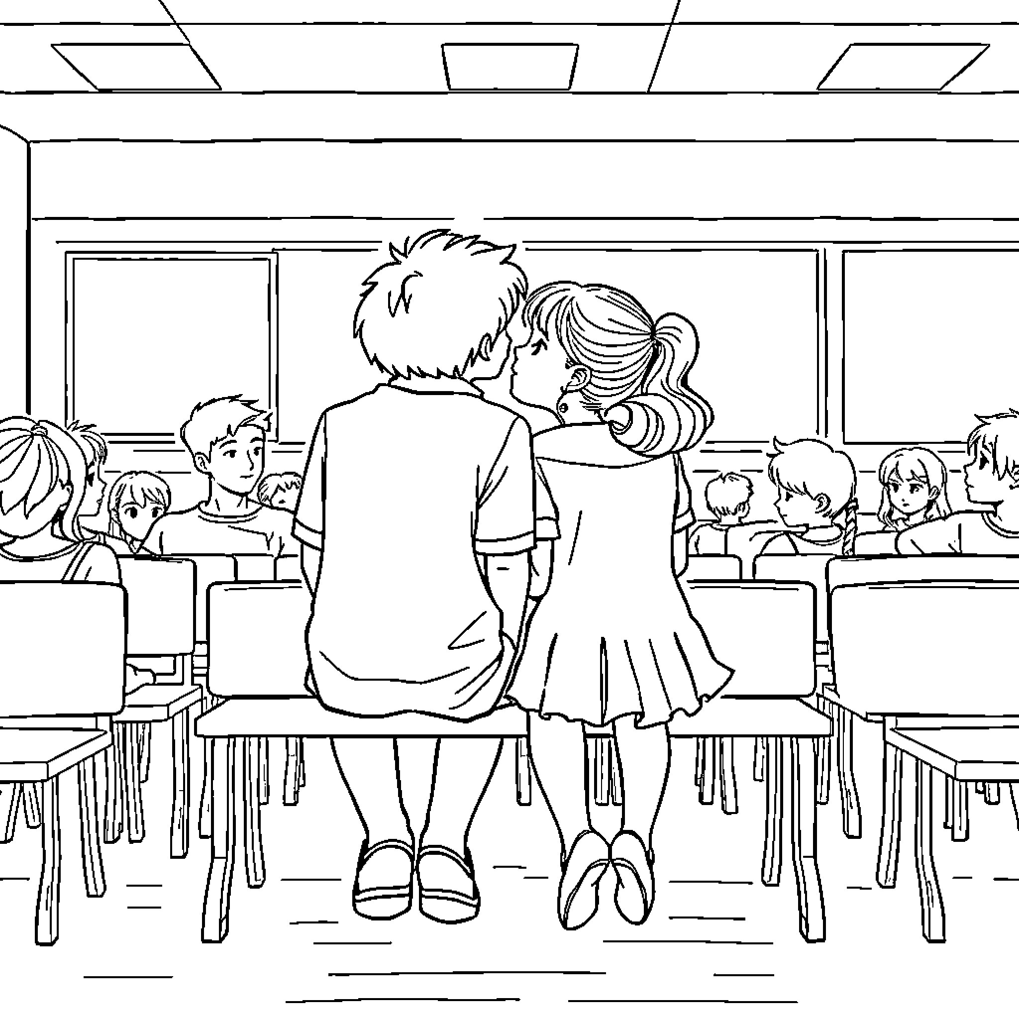 Boy and Girl Sitting Together in Classroom Coloring Page (free black-and-white line drawing printable PDF for all, from beginners to advanced learners, including children, teens, adults, and seniors)