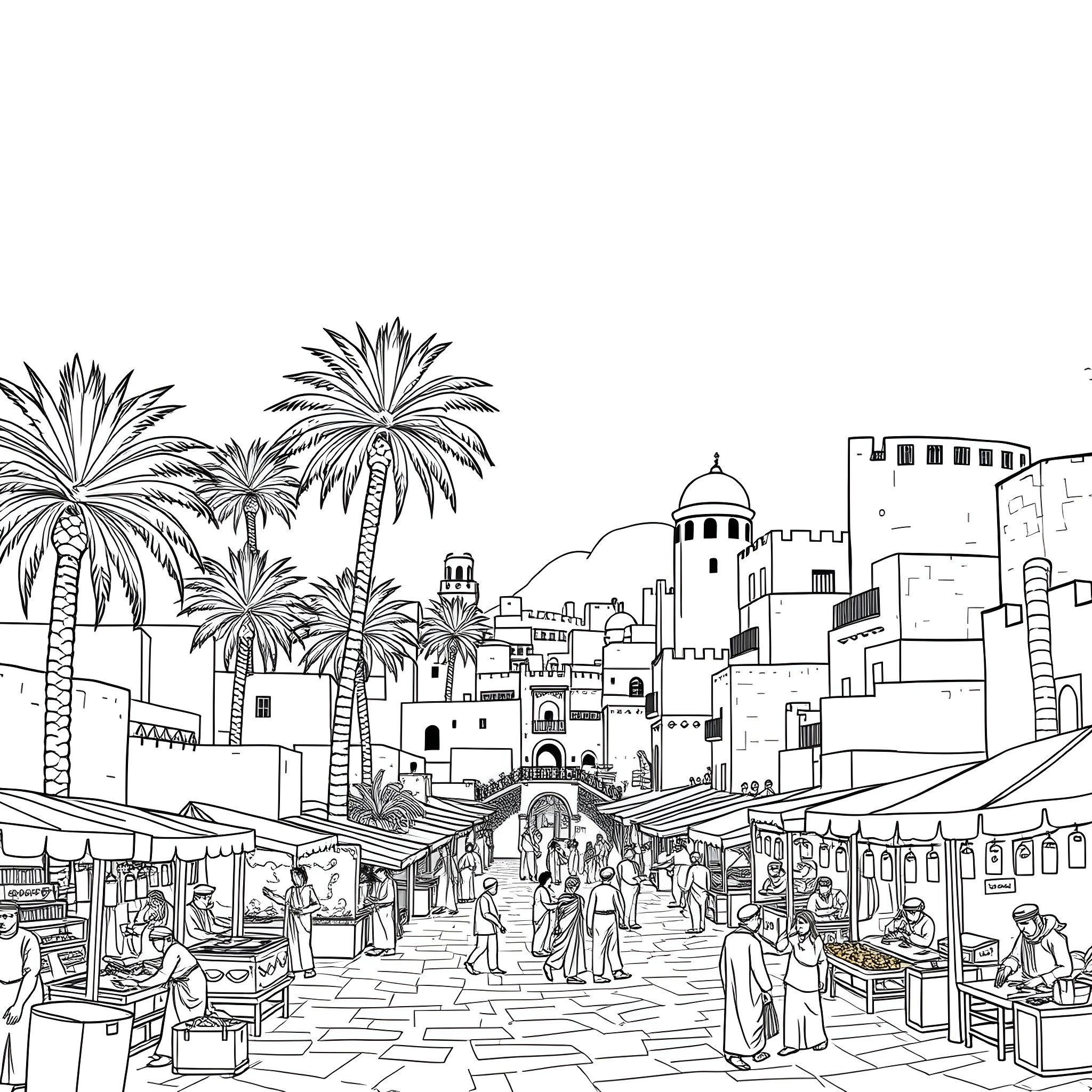 Ancient Life of a Bustling Middle Eastern City Coloring Page (free black-and-white line drawing printable PDF for all, from beginners to advanced learners, including children, teens, adults, and seniors)