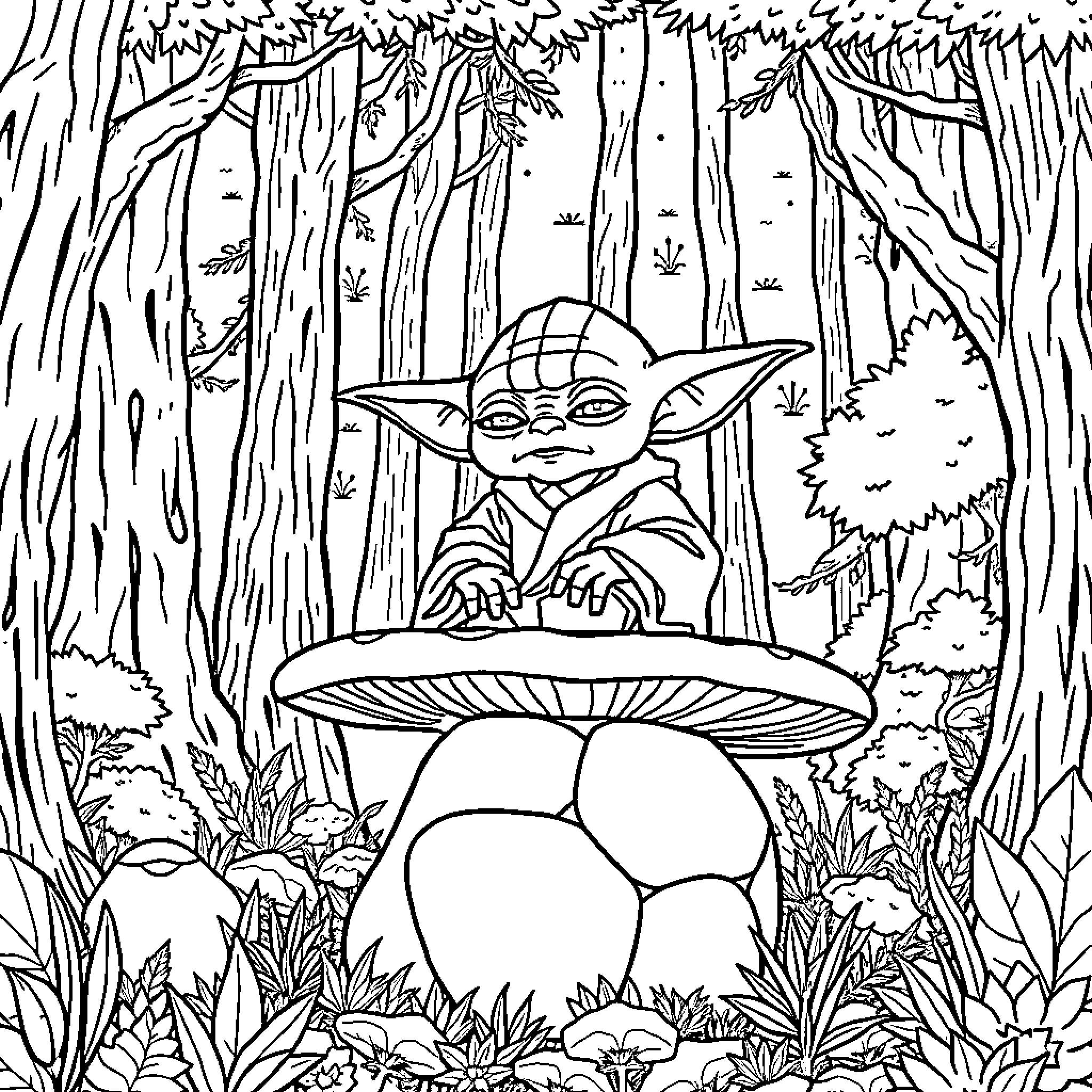 Yoda exploring the enchanted forest Coloring Page (free black-and-white line drawing printable PDF for all, from beginners to advanced learners, including children, teens, adults, and seniors)
