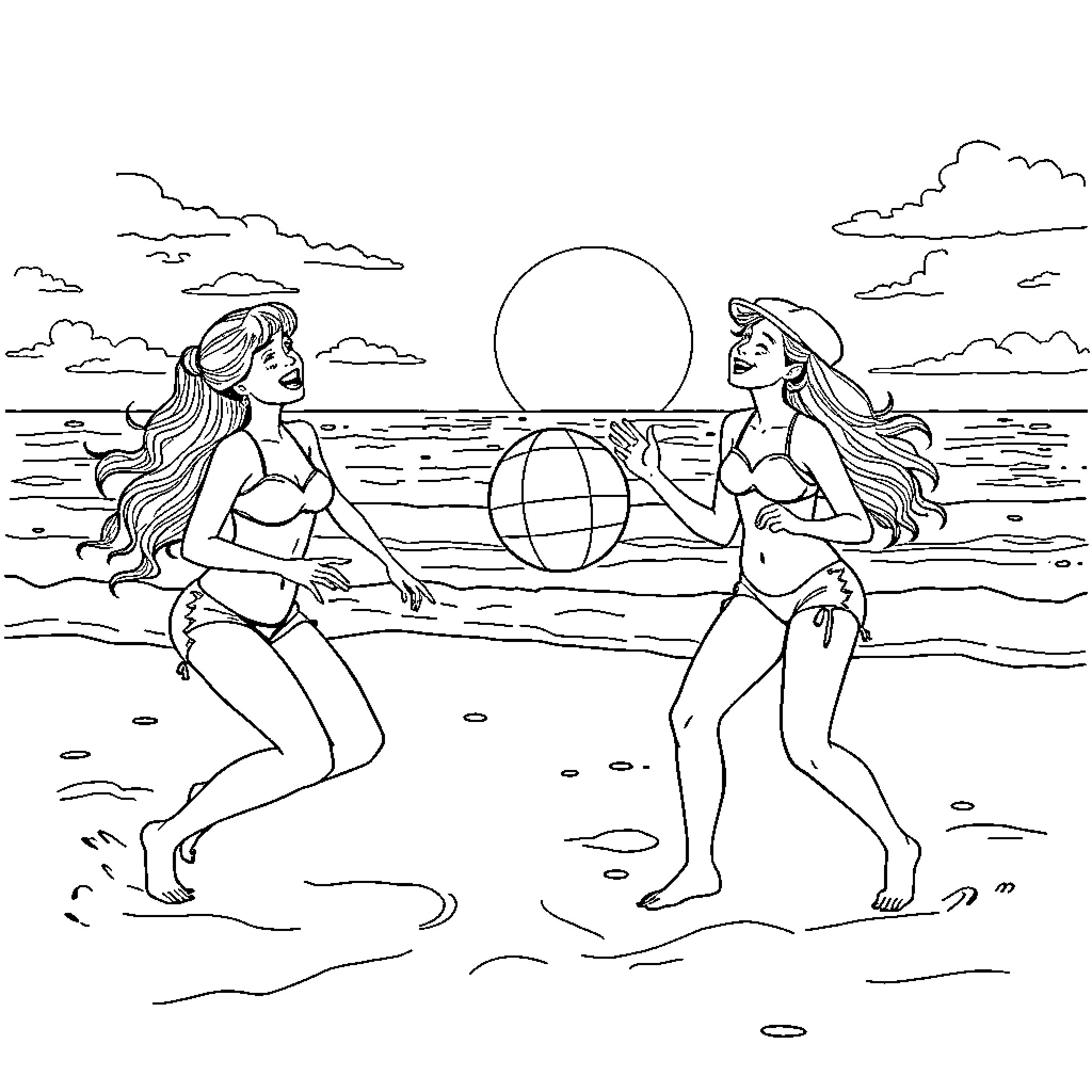 Girls playing beach volleyball on the shore Coloring Page (free black-and-white line drawing printable PDF for all, from beginners to advanced learners, including children, teens, adults, and seniors)