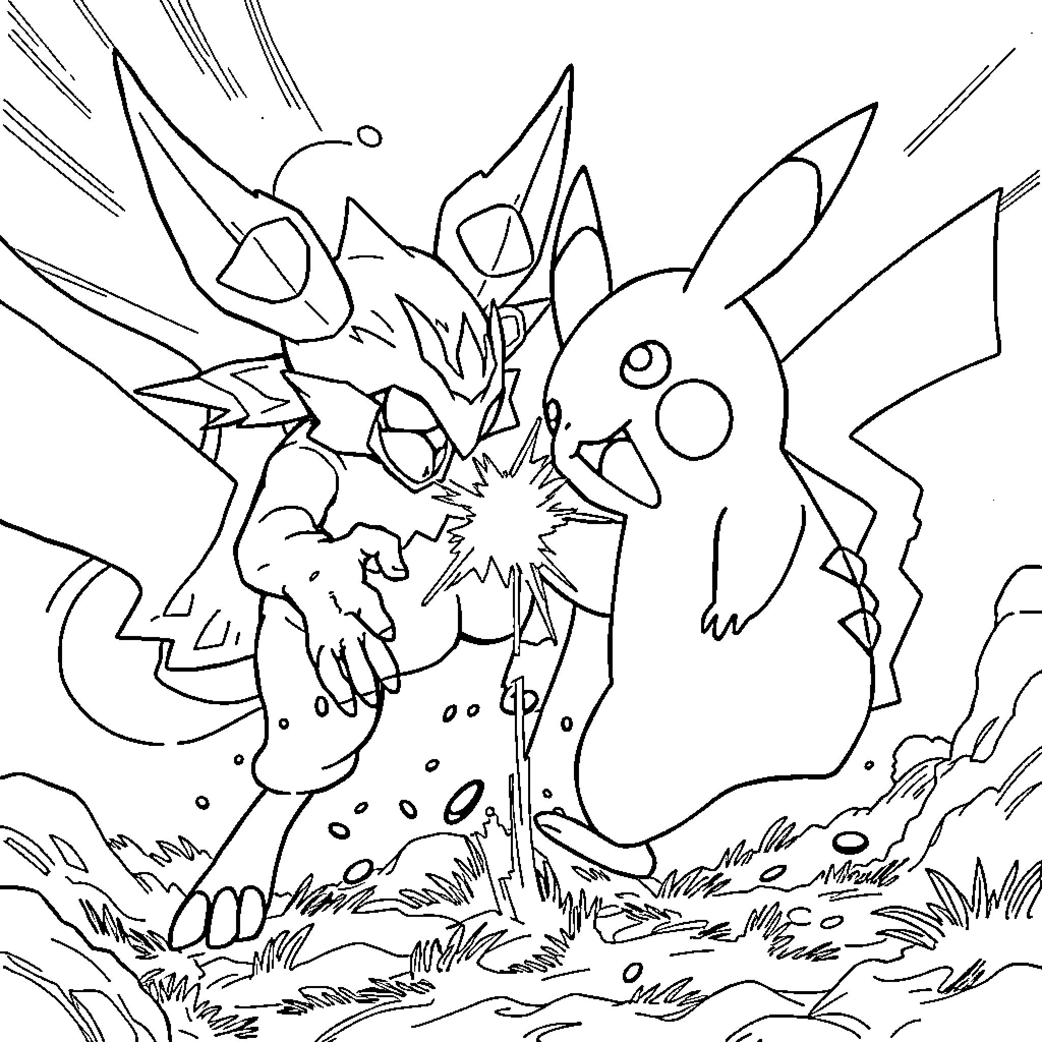 Agumon and Pikachu in an intense battle Coloring Page (free black-and-white line drawing printable PDF for all, from beginners to advanced learners, including children, teens, adults, and seniors)