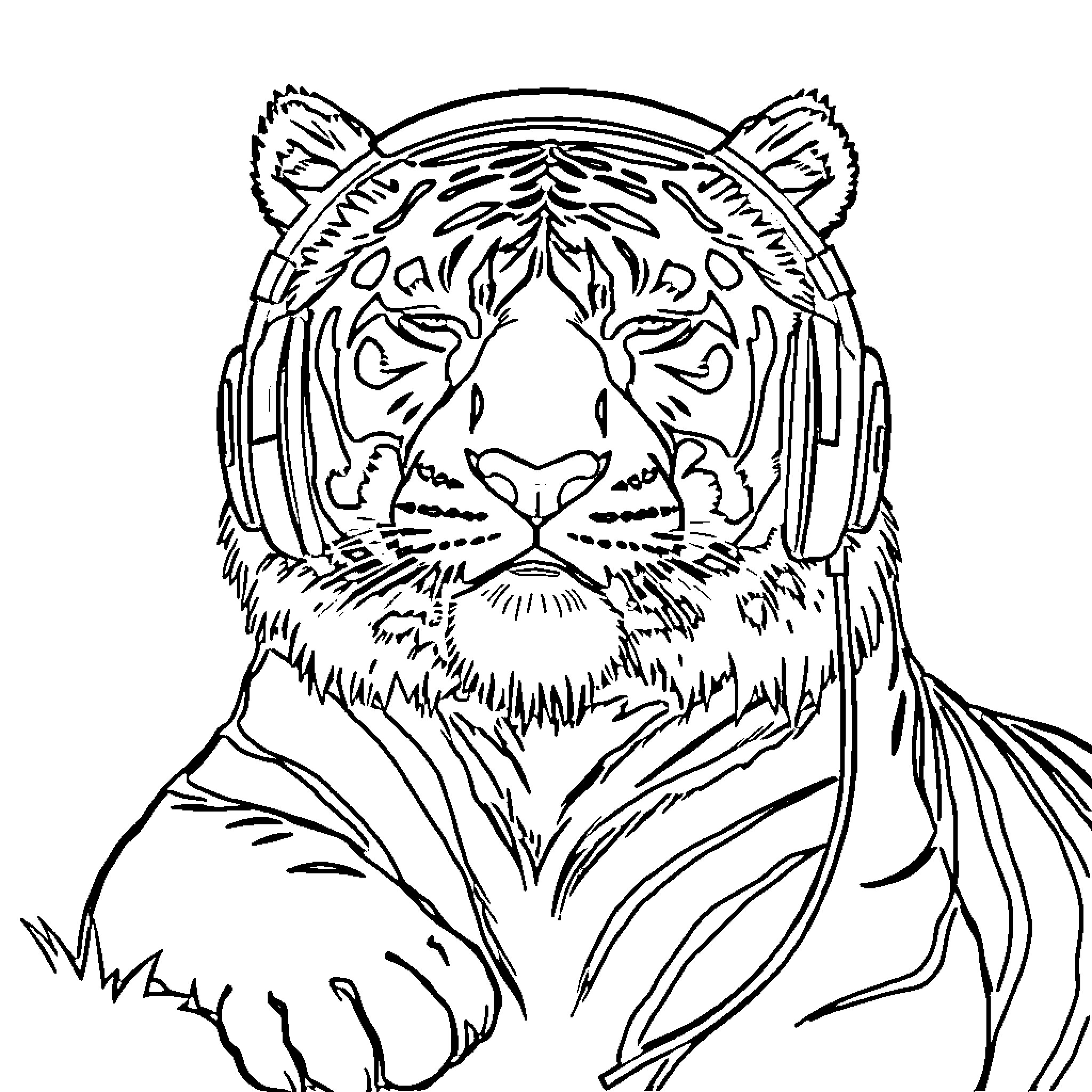 Tiger Wearing Headphones and Relaxing Coloring Page (free black-and-white line drawing printable PDF for all, from beginners to advanced learners, including children, teens, adults, and seniors)