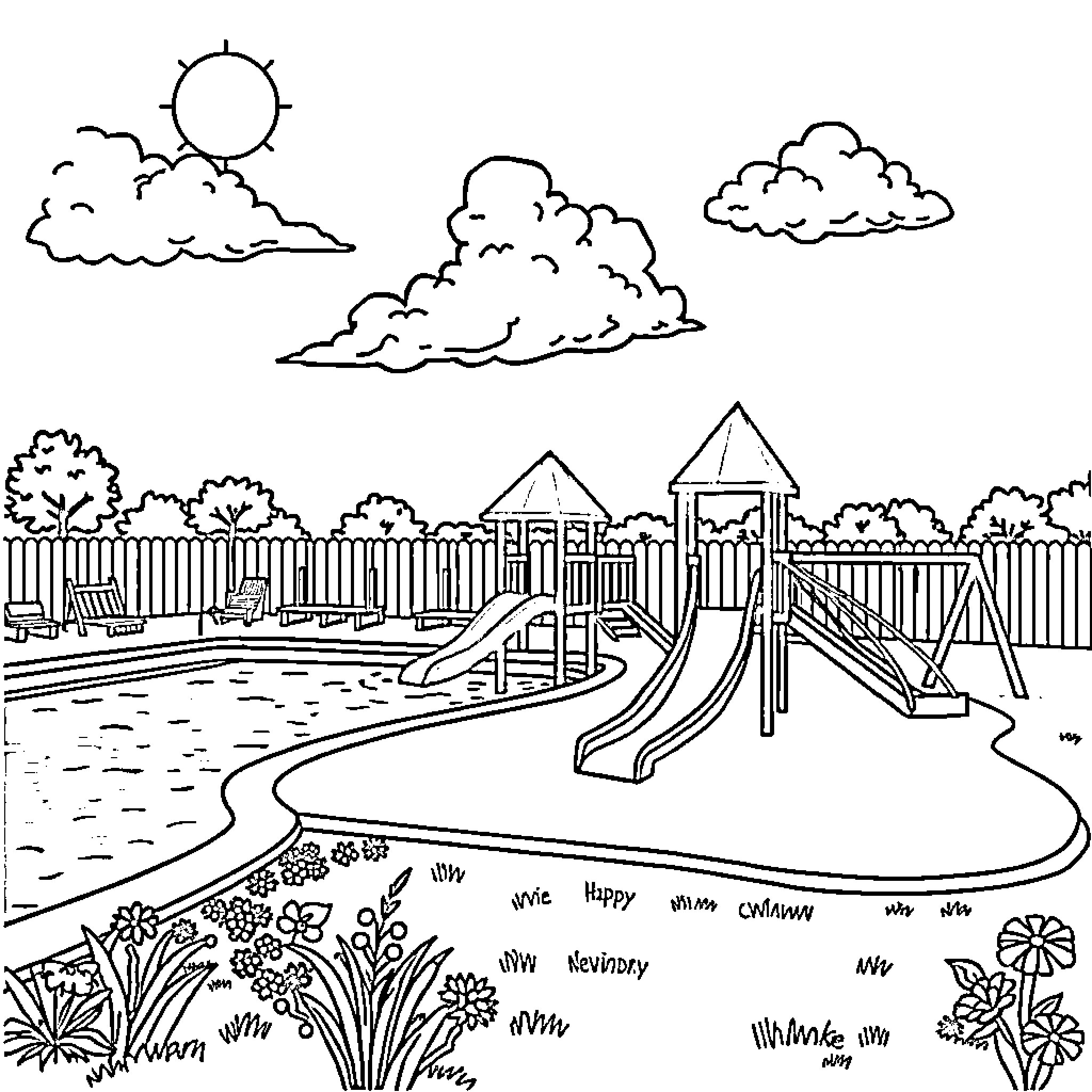 Playground with colorful slides and swings Coloring Page (free black-and-white line drawing printable PDF for all, from beginners to advanced learners, including children, teens, adults, and seniors)