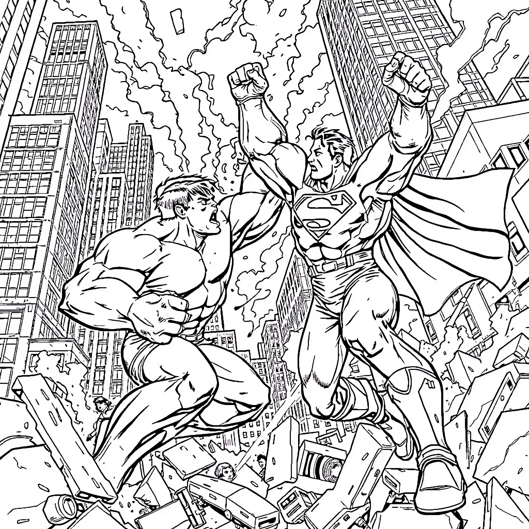 Hulk and Superman battling in the city Coloring Page (free black-and-white line drawing printable PDF for all, from beginners to advanced learners, including children, teens, adults, and seniors)