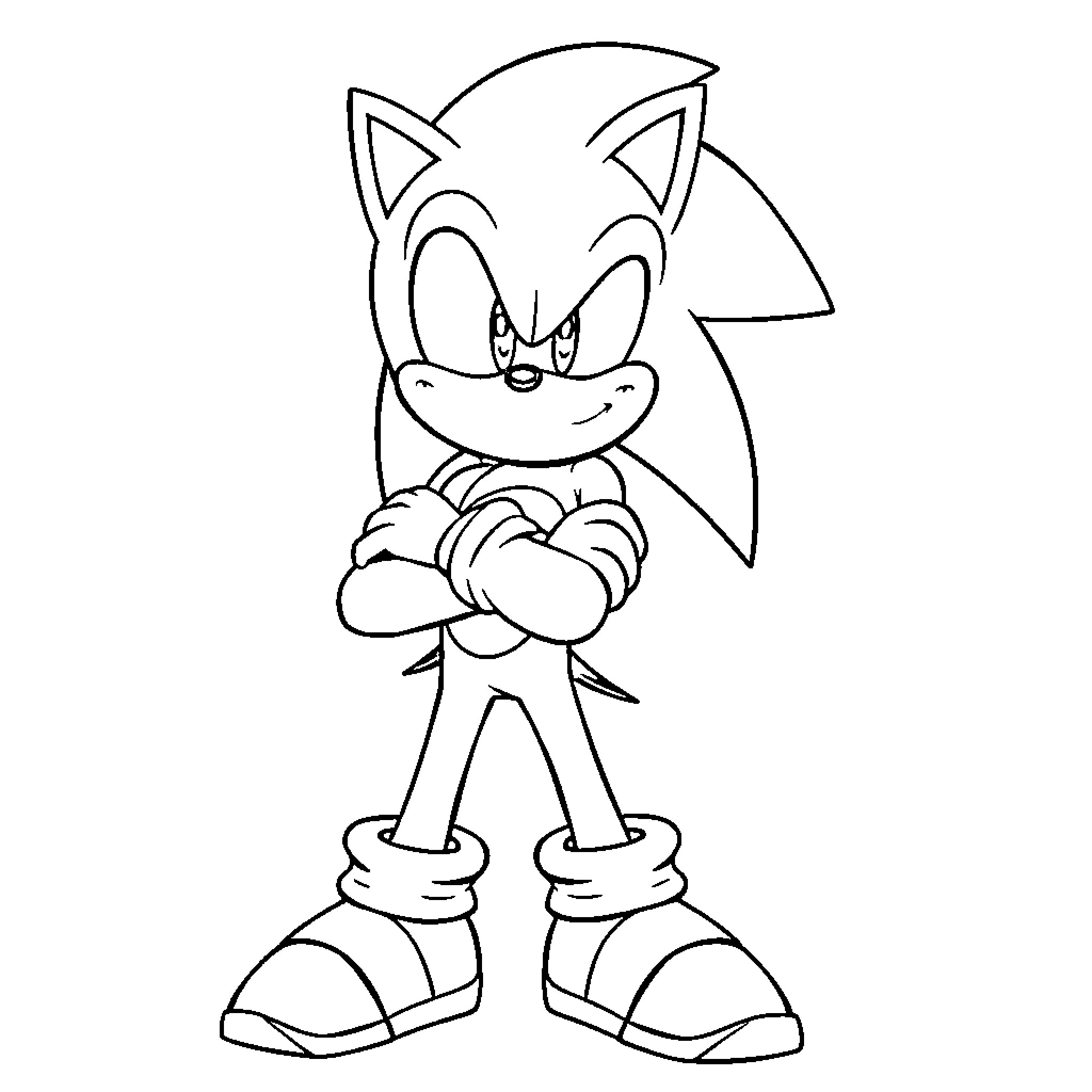 Sonic the hedgehog standing confidently Coloring Page (free black-and-white line drawing printable PDF for all, from beginners to advanced learners, including children, teens, adults, and seniors)