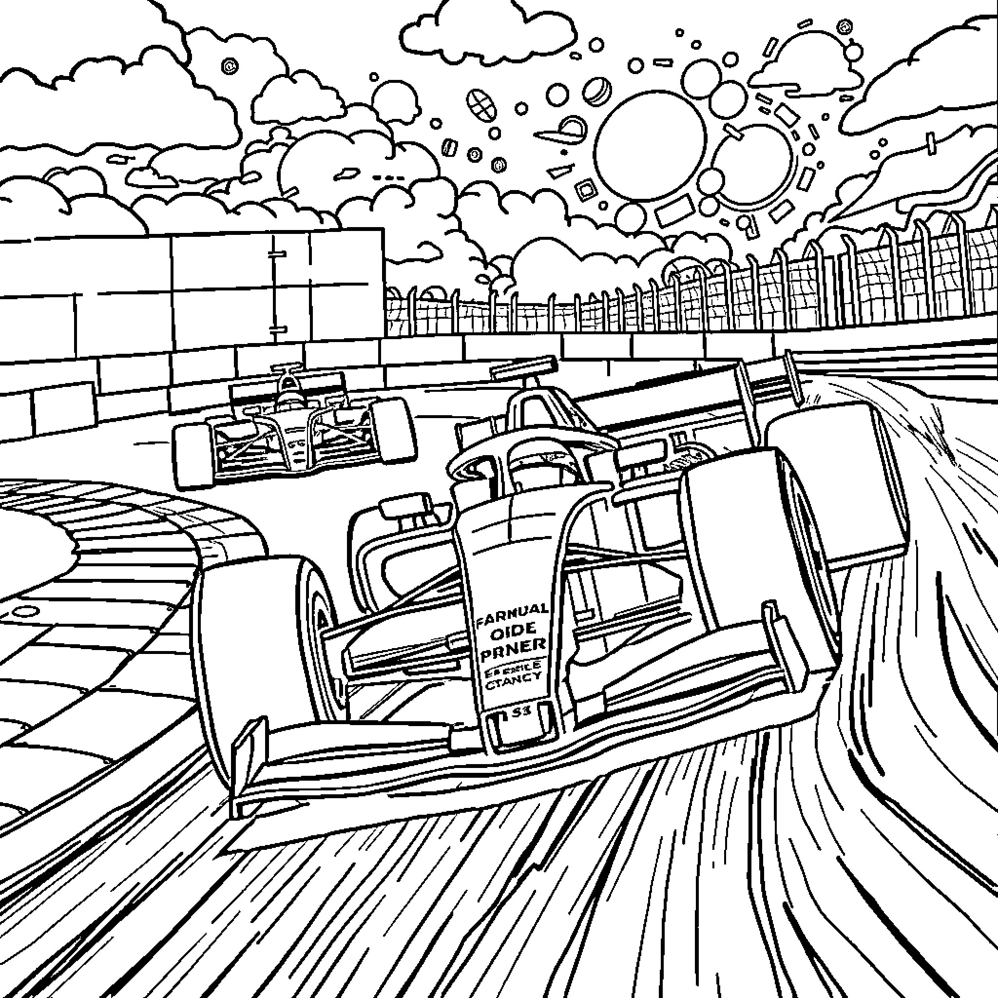 Mandala of high-speed racing cars on the track Coloring Page (free black-and-white line drawing printable PDF for all, from beginners to advanced learners, including children, teens, adults, and seniors)