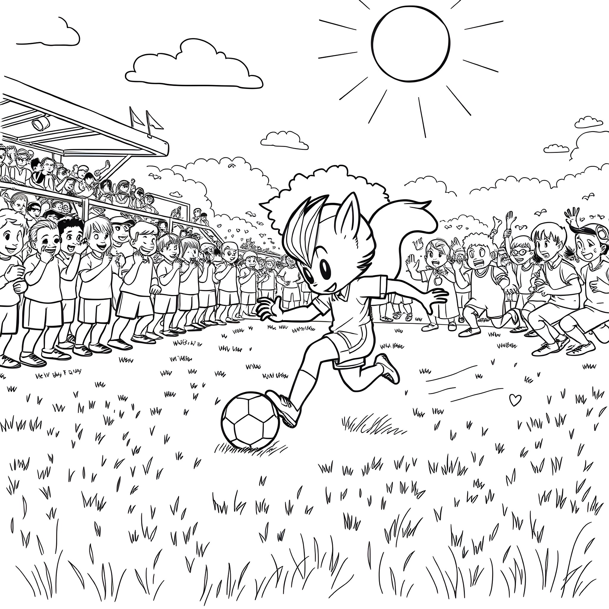 Sprunki playing soccer with crowd in the field Coloring Page (free black-and-white line drawing printable PDF for all, from beginners to advanced learners, including children, teens, adults, and seniors)
