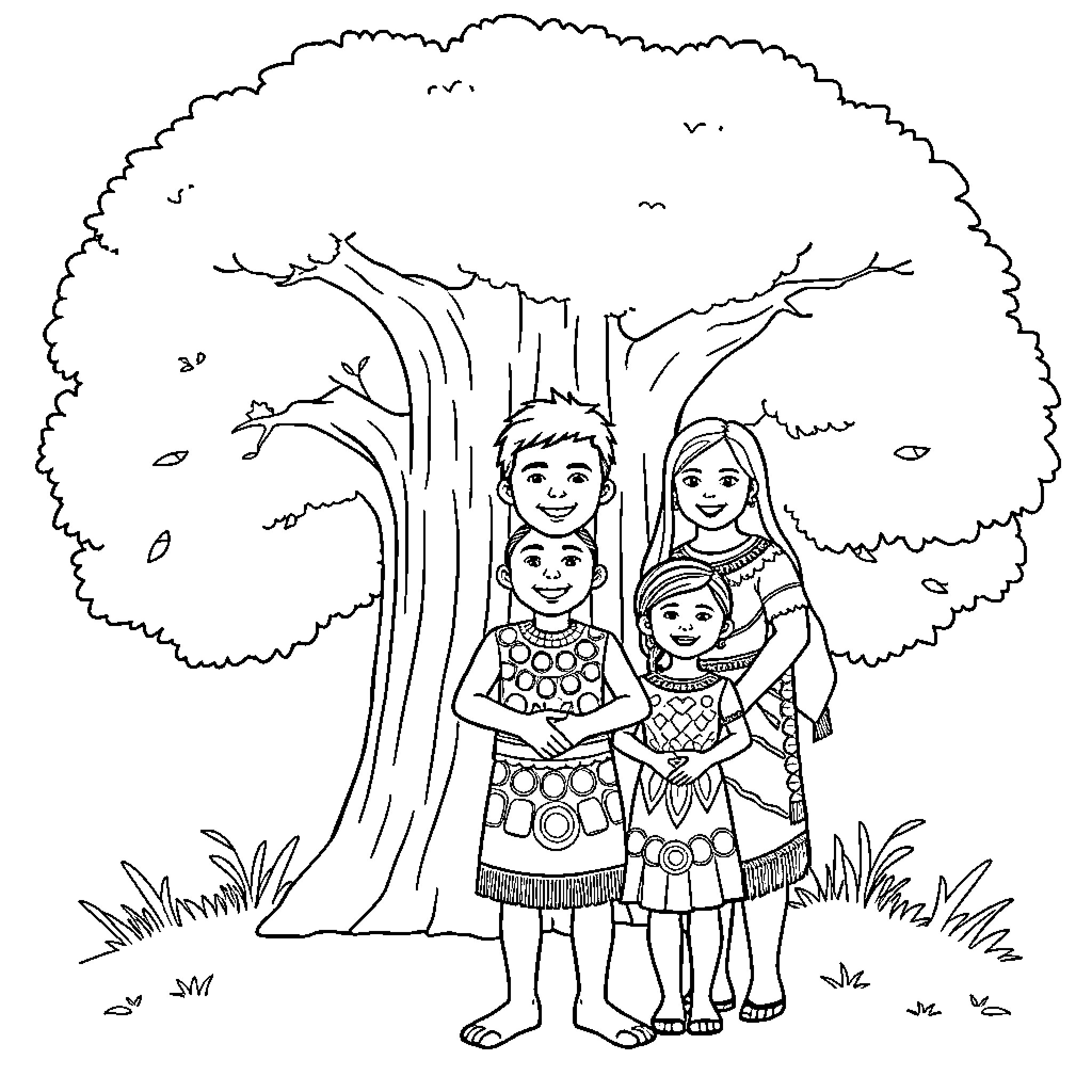 Māori Boy and Family in Traditional Dress Coloring Page (free black-and-white line drawing printable PDF for all, from beginners to advanced learners, including children, teens, adults, and seniors)