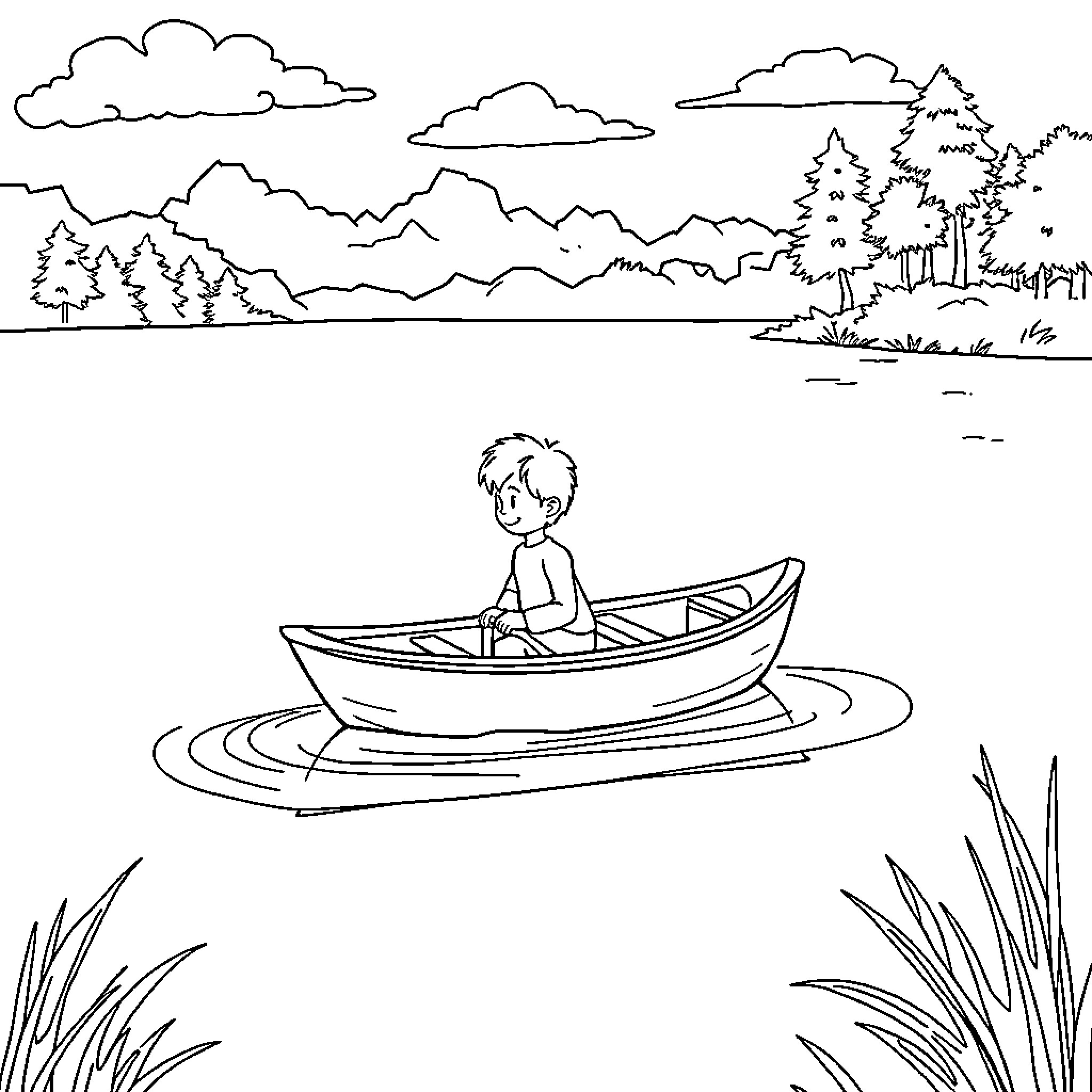 Boy enjoying a peaceful boat ride in nature Coloring Page (free black-and-white line drawing printable PDF for all, from beginners to advanced learners, including children, teens, adults, and seniors)