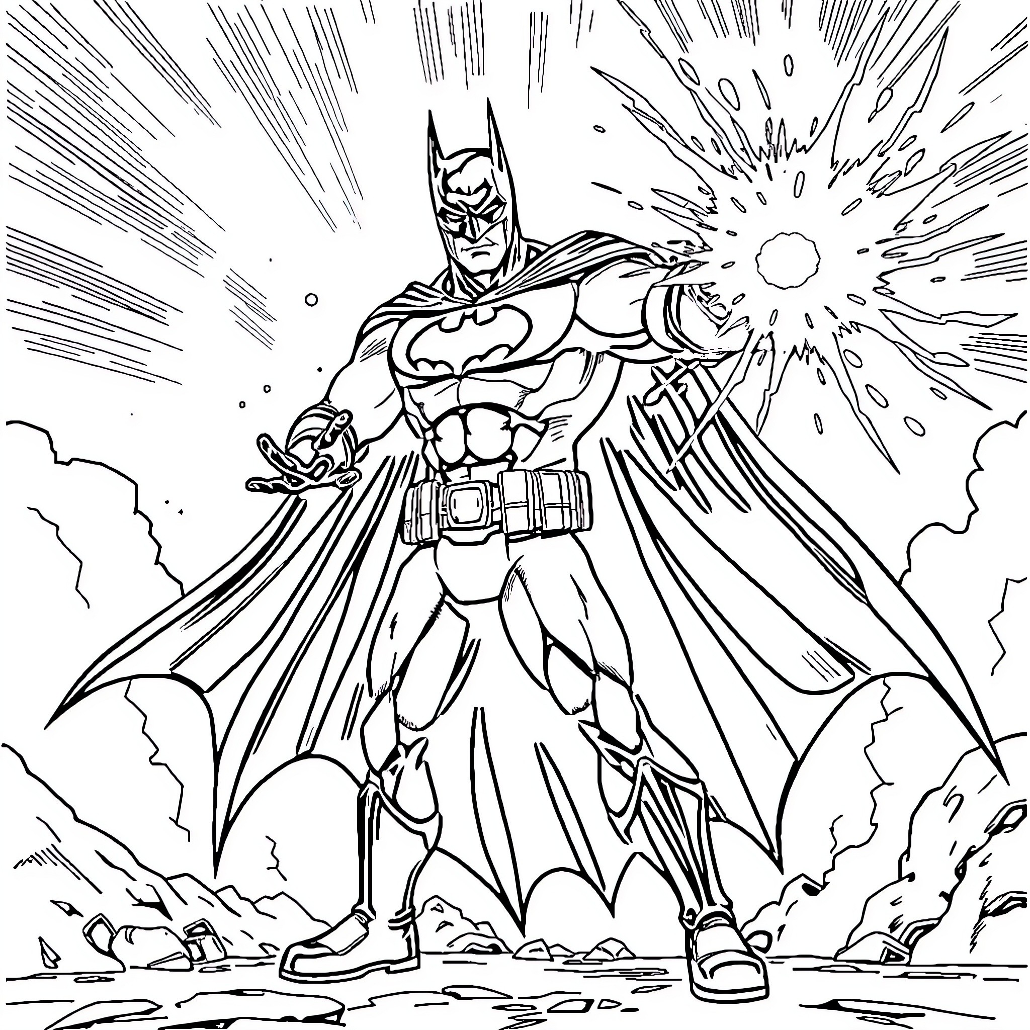 Batman unleashing powerful energy blast Coloring Page (free black-and-white line drawing printable PDF for all, from beginners to advanced learners, including children, teens, adults, and seniors)