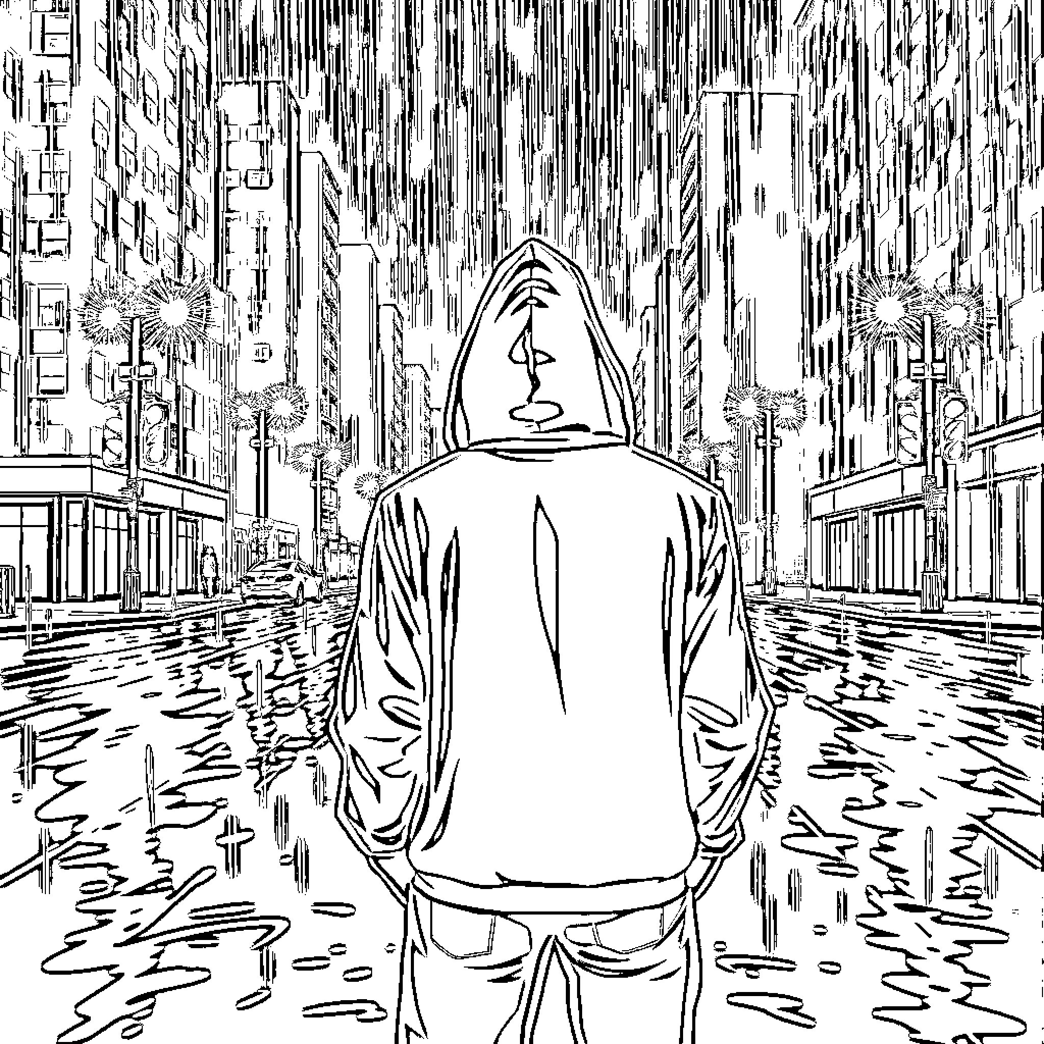 Hood figure walking through rain-soaked urban scene Coloring Page (free black-and-white line drawing printable PDF for all, from beginners to advanced learners, including children, teens, adults, and seniors)