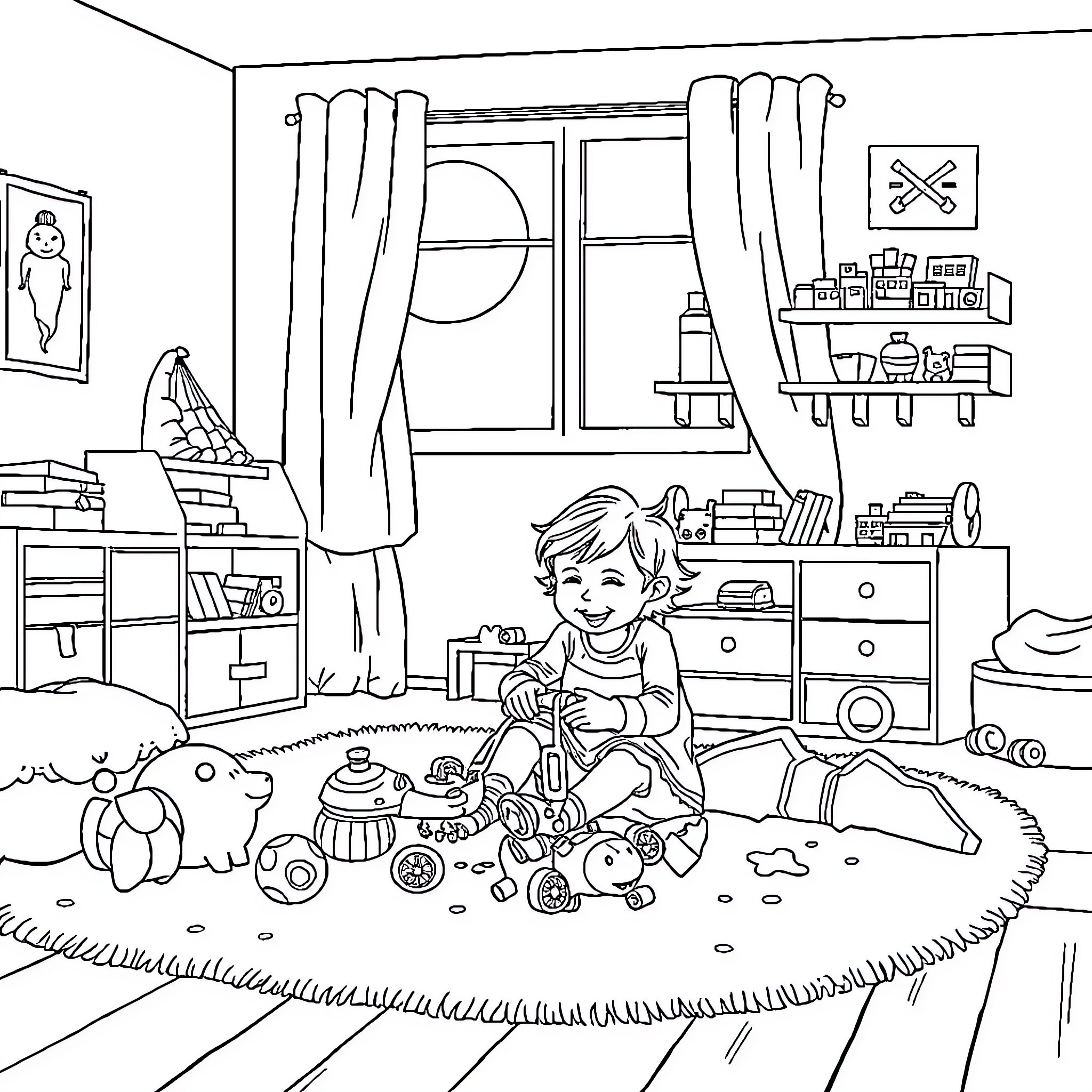 Father and child playing with toys in the room Coloring Page (free black-and-white line drawing printable PDF for all, from beginners to advanced learners, including children, teens, adults, and seniors)