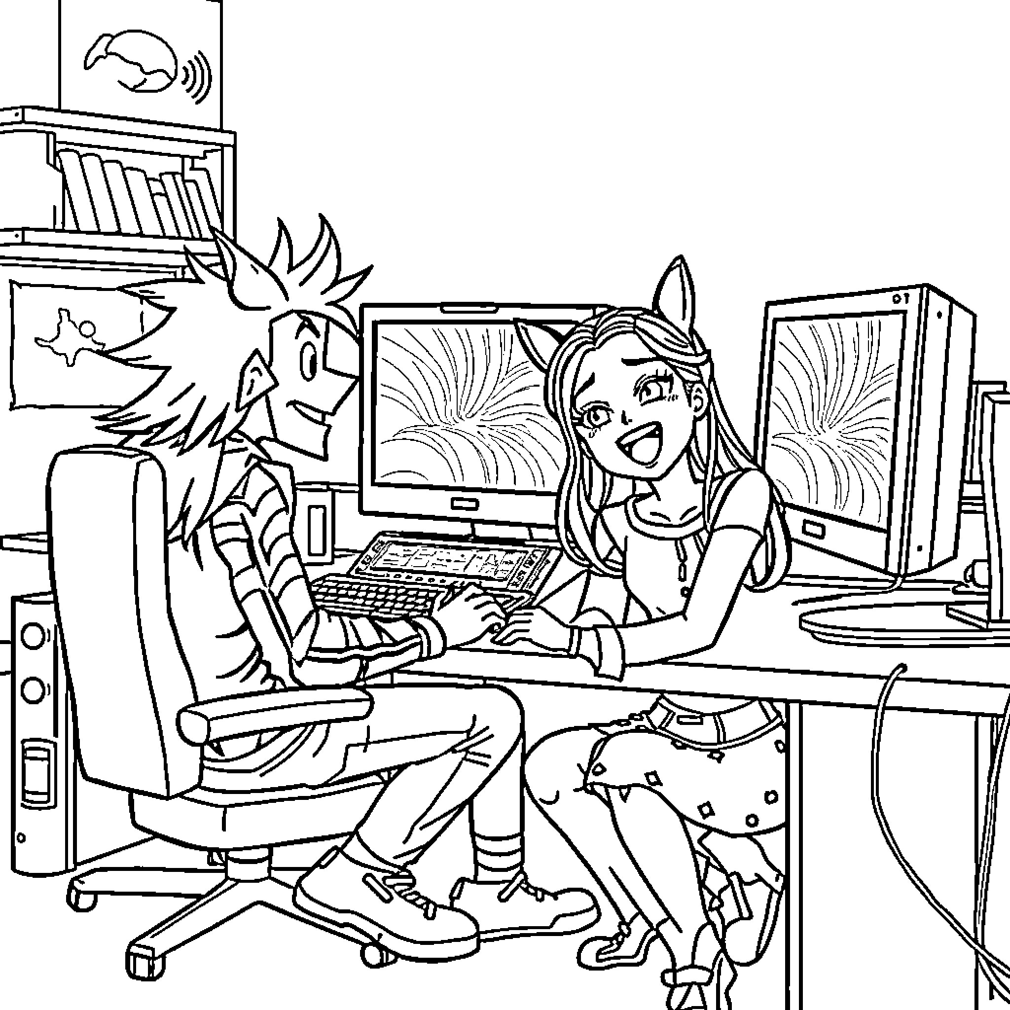 Jinx enjoying video games in her gaming setup Coloring Page (free black-and-white line drawing printable PDF for all, from beginners to advanced learners, including children, teens, adults, and seniors)