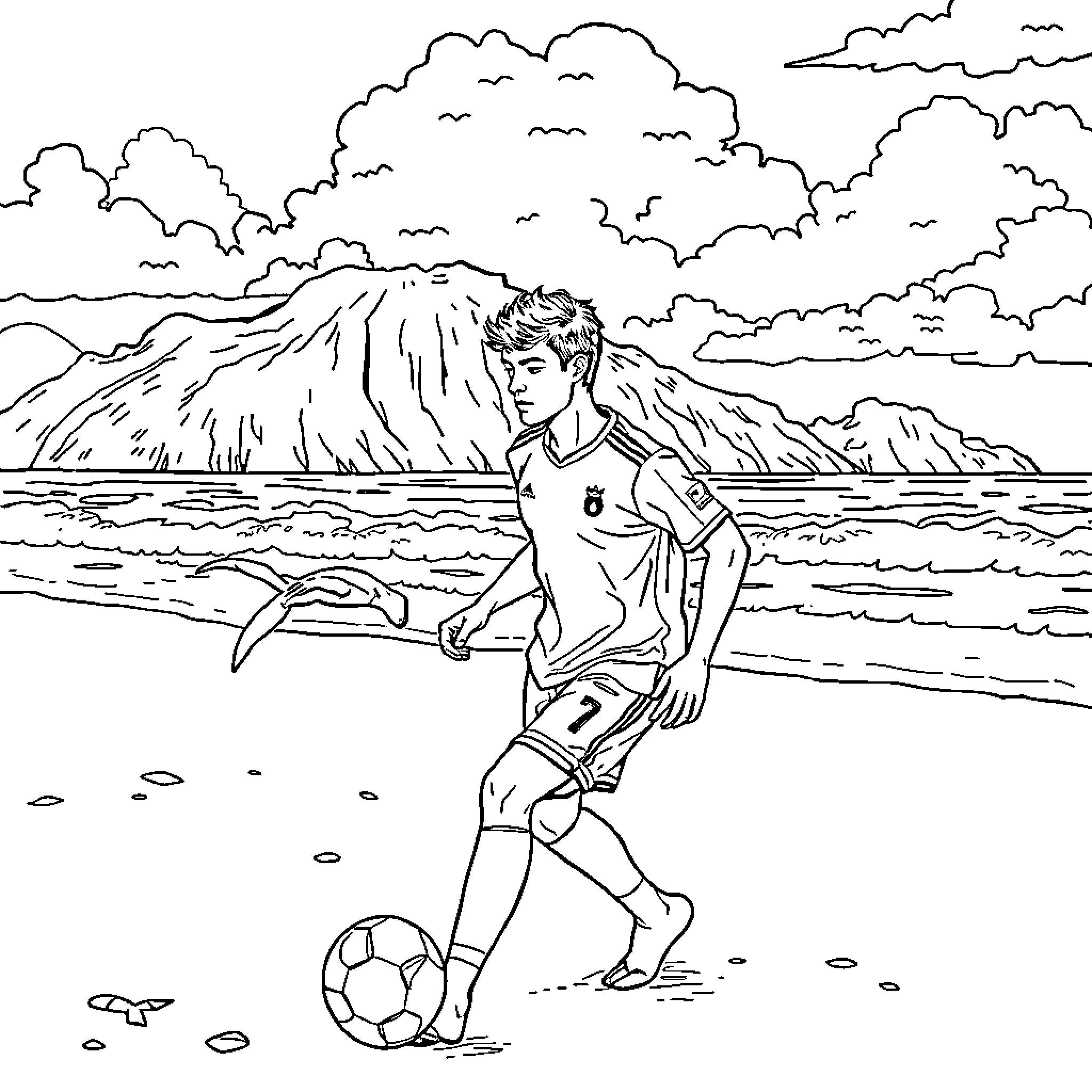 Football Player Running on the Beach Coloring Page (free black-and-white line drawing printable PDF for all, from beginners to advanced learners, including children, teens, adults, and seniors)