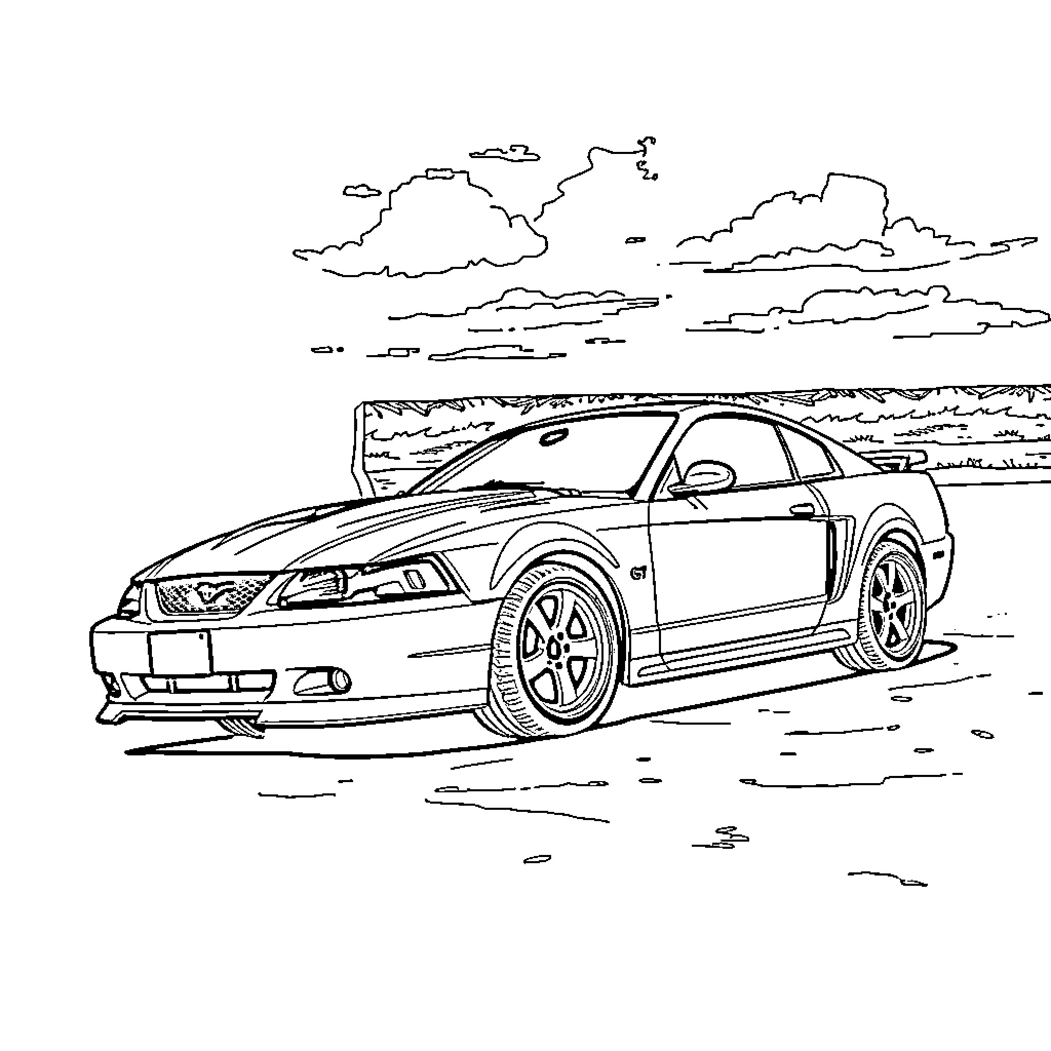 Mustang sports car on open road Coloring Page (free black-and-white line drawing printable PDF for all, from beginners to advanced learners, including children, teens, adults, and seniors)