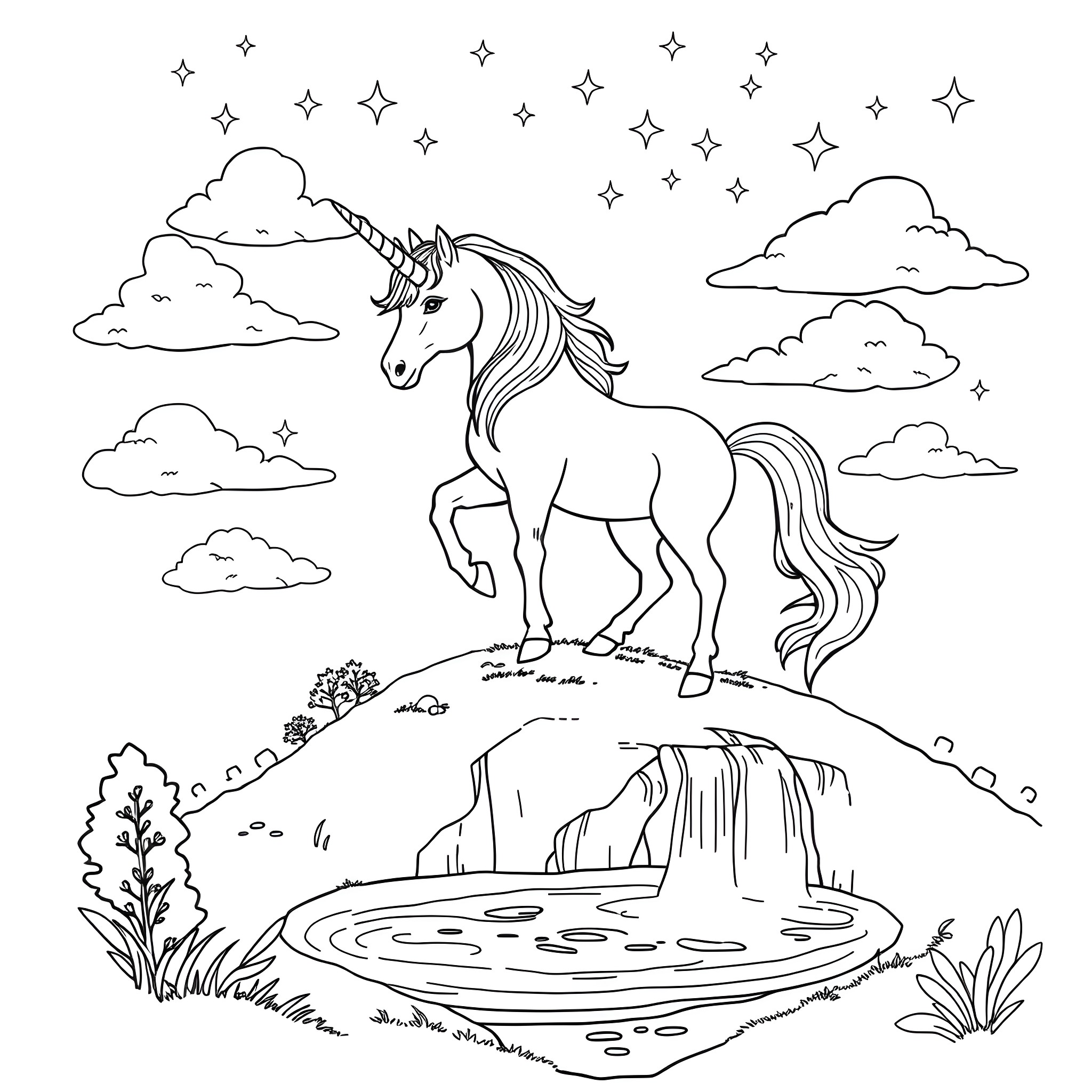 Unicorn standing proudly in a magical landscape Coloring Page (free black-and-white line drawing printable PDF for all, from beginners to advanced learners, including children, teens, adults, and seniors)