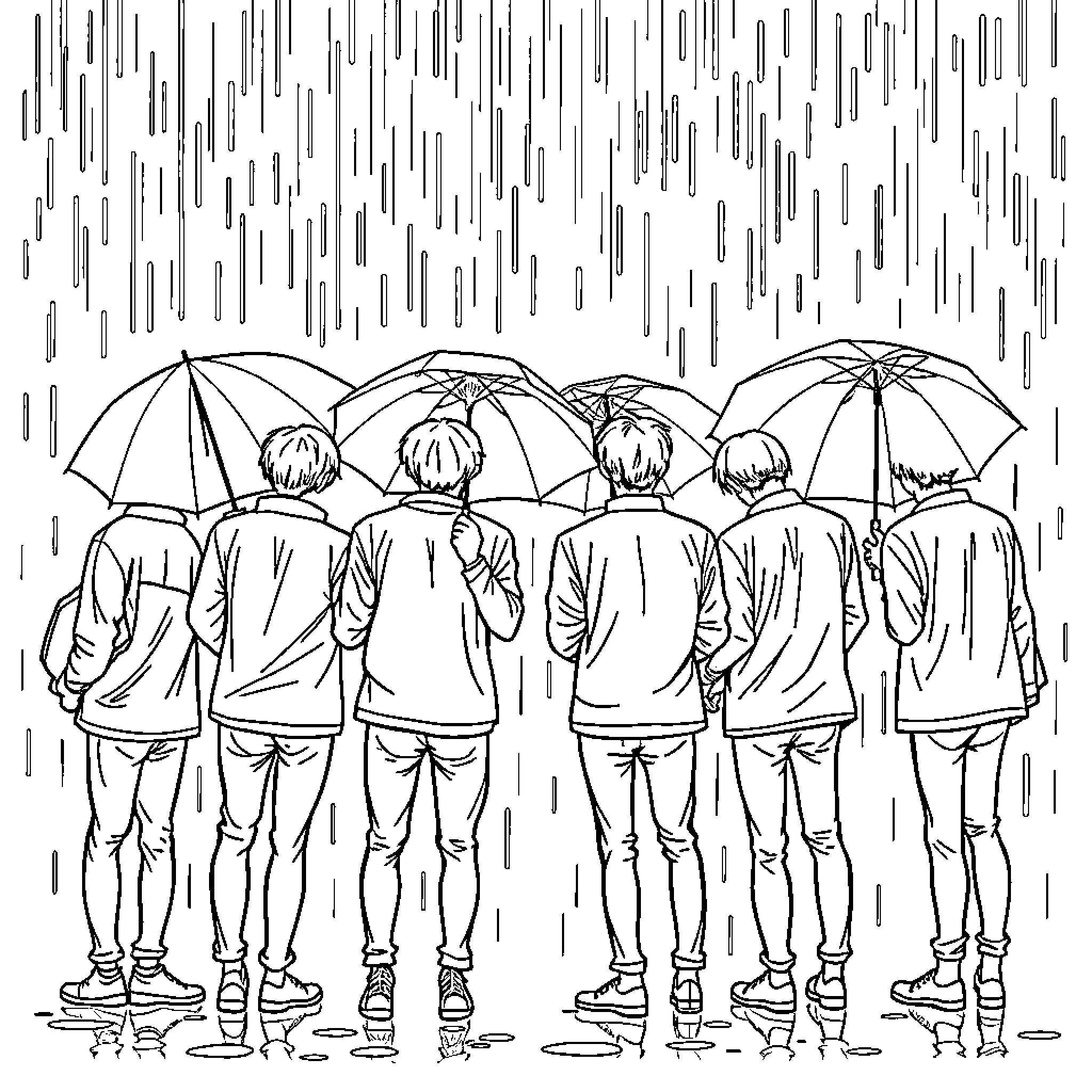 BTS Members in the Rain with Umbrellas Coloring Page (free black-and-white line drawing printable PDF for all, from beginners to advanced learners, including children, teens, adults, and seniors)