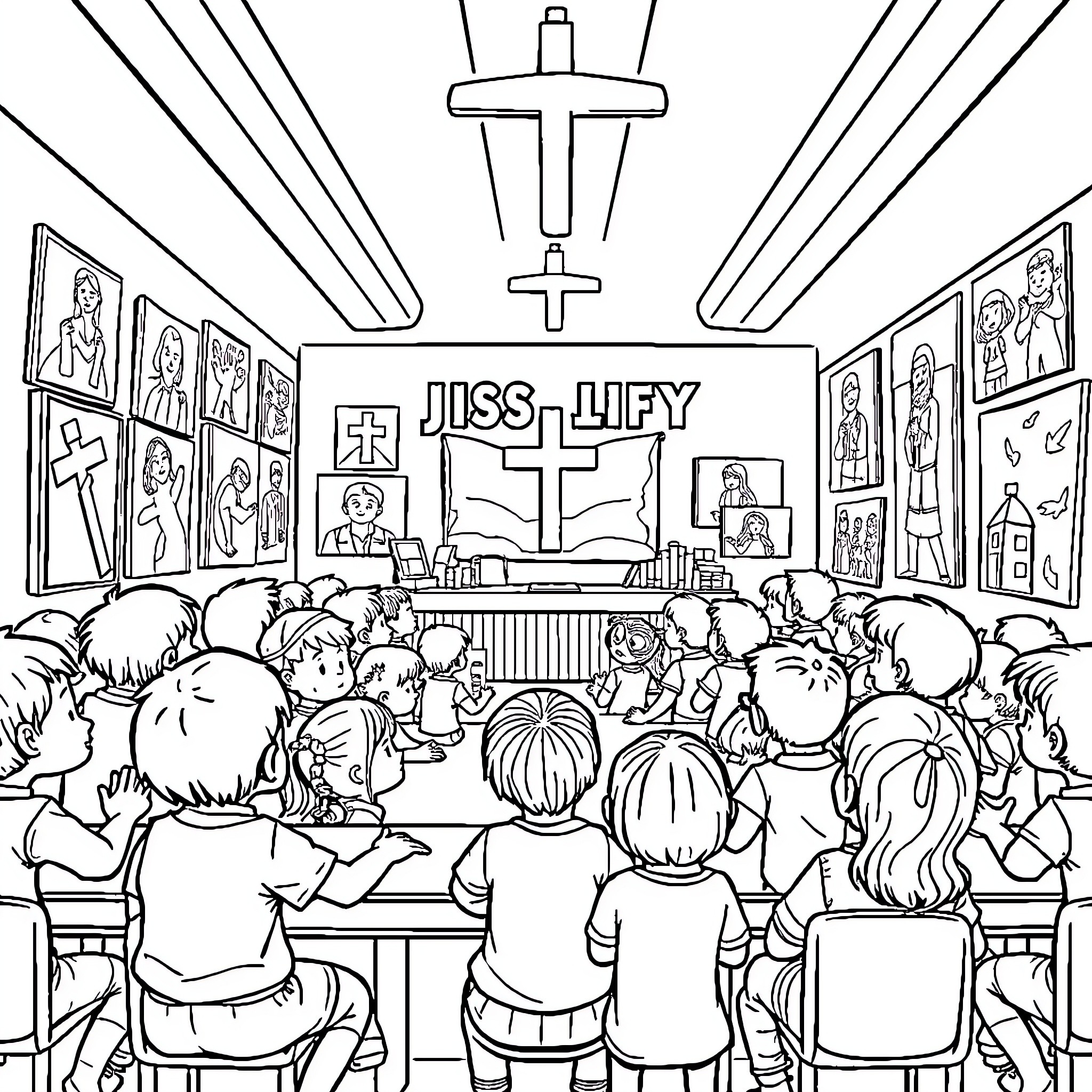Sunday School Children Gathered for Worship Coloring Page (free black-and-white line drawing printable PDF for all, from beginners to advanced learners, including children, teens, adults, and seniors)