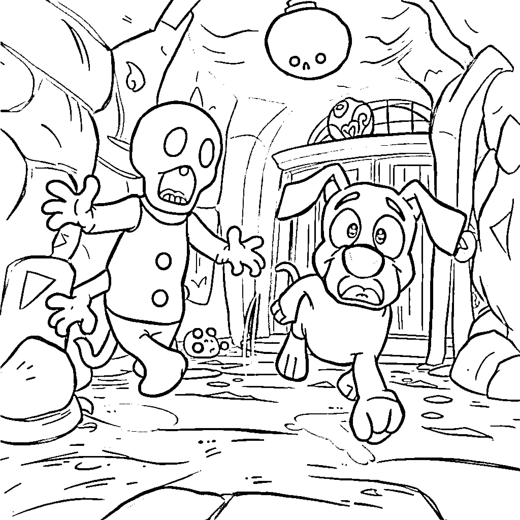 Courage in the Haunted Carnival Coloring Page (free black-and-white line drawing printable PDF for all, from beginners to advanced learners, including children, teens, adults, and seniors)