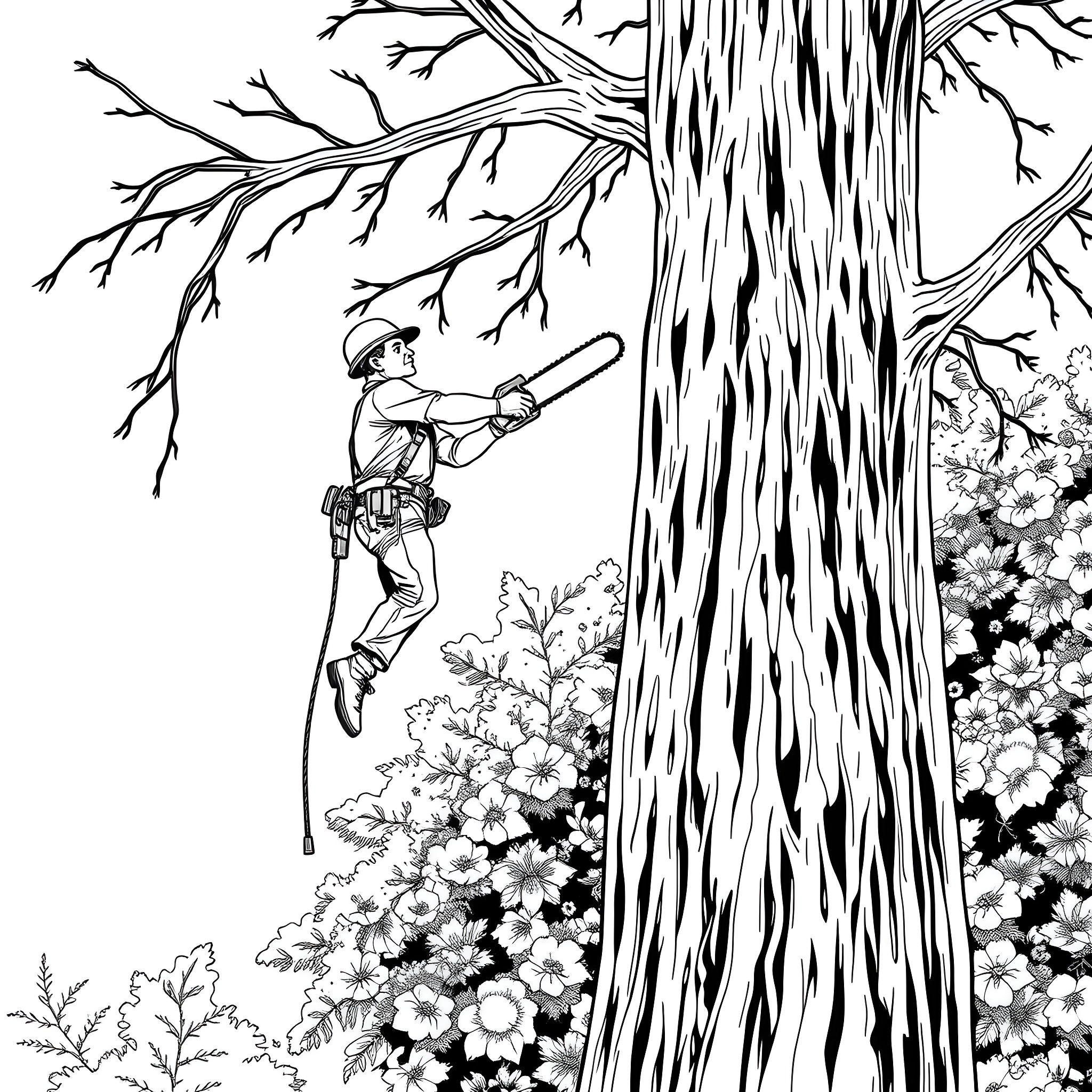 Arborist inspecting and maintaining a large tree Coloring Page (free black-and-white line drawing printable PDF for all, from beginners to advanced learners, including children, teens, adults, and seniors)