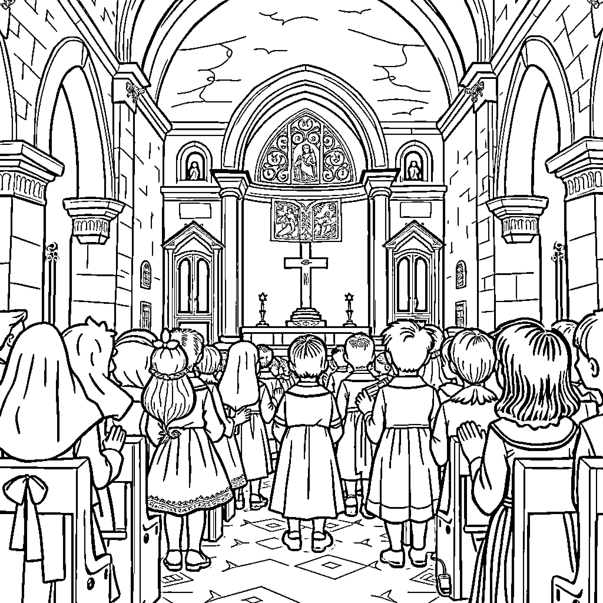 Kid attending church service in ornate cathedral Coloring Page (free black-and-white line drawing printable PDF for all, from beginners to advanced learners, including children, teens, adults, and seniors)