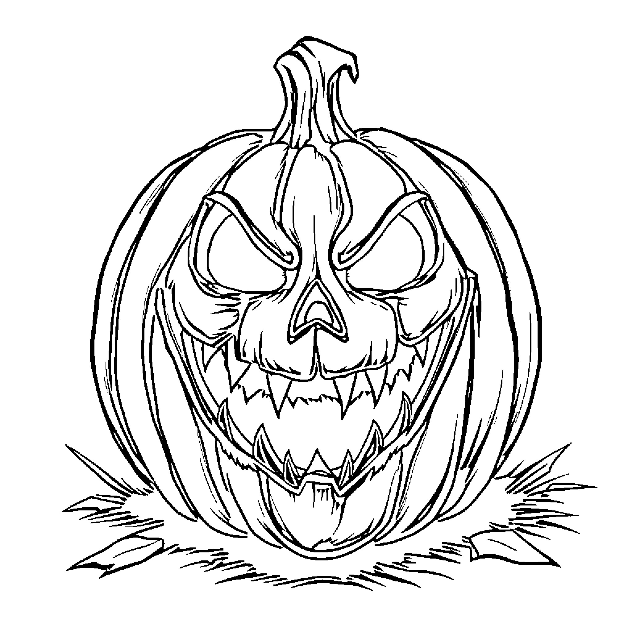 Jack-o'-lantern with an eerie expression Coloring Page (free black-and-white line drawing printable PDF for all, from beginners to advanced learners, including children, teens, adults, and seniors)