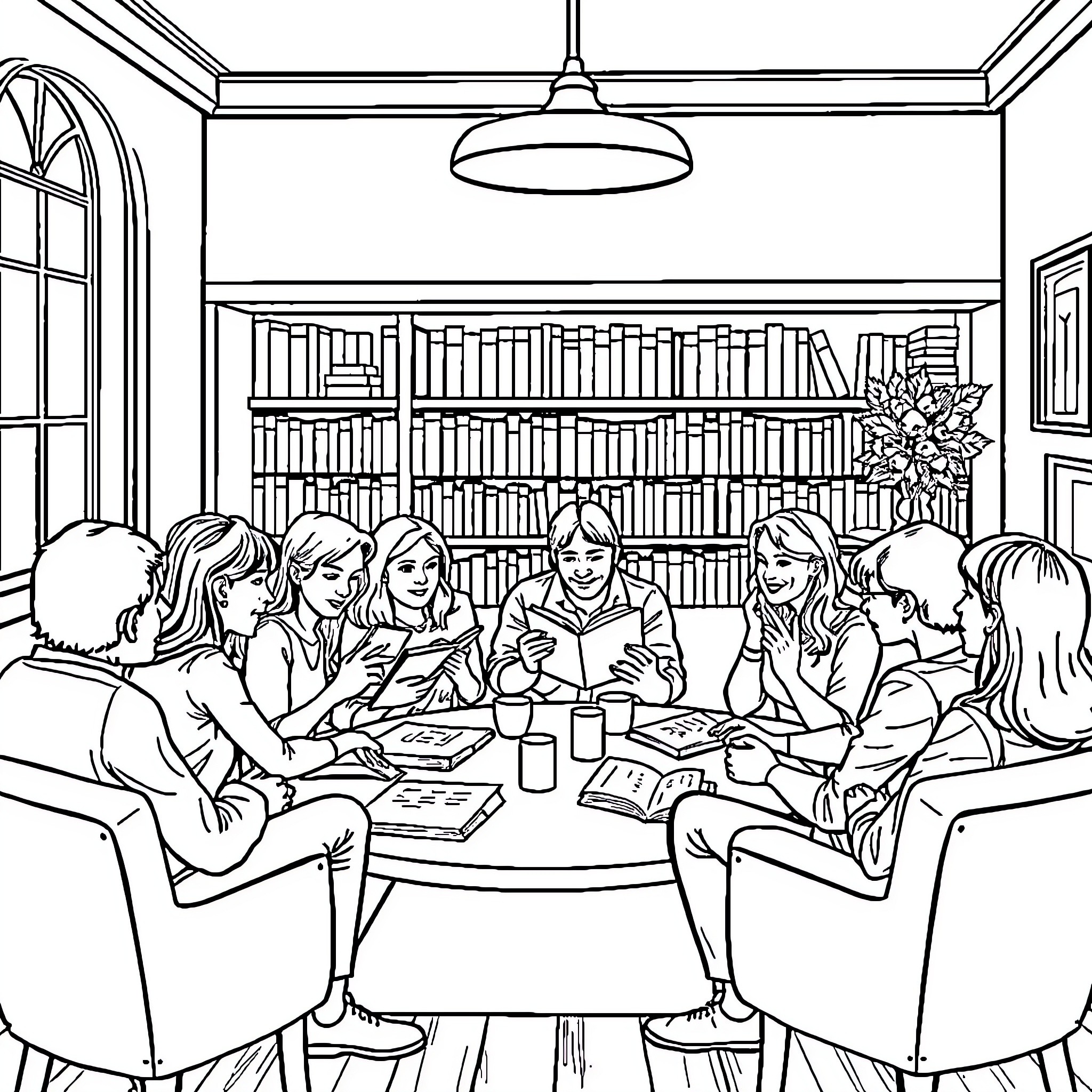 Book Club Meeting in Cozy Library Setting Coloring Page (free black-and-white line drawing printable PDF for all, from beginners to advanced learners, including children, teens, adults, and seniors)