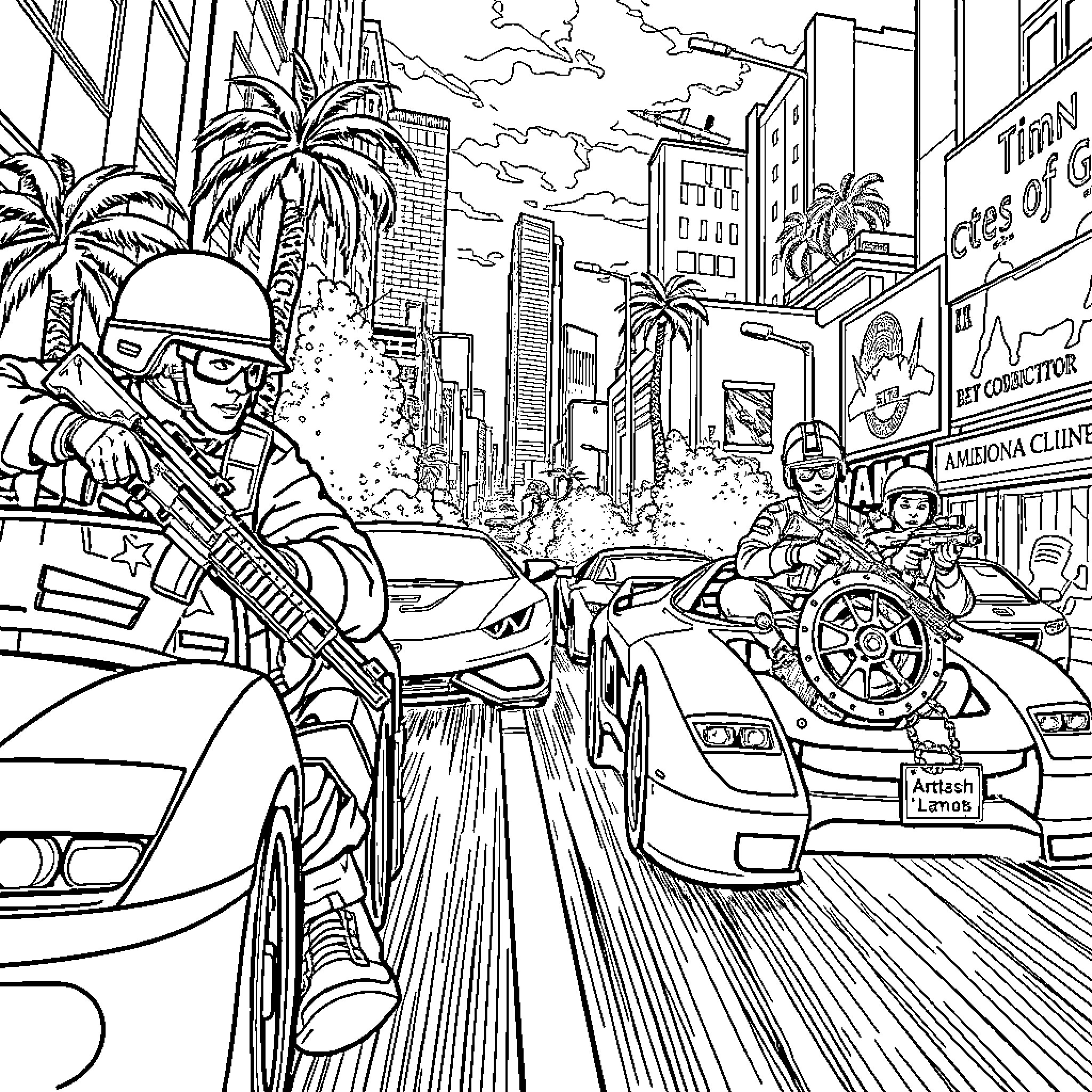 Duty Calls in the Bustling City Coloring Page (free black-and-white line drawing printable PDF for all, from beginners to advanced learners, including children, teens, adults, and seniors)