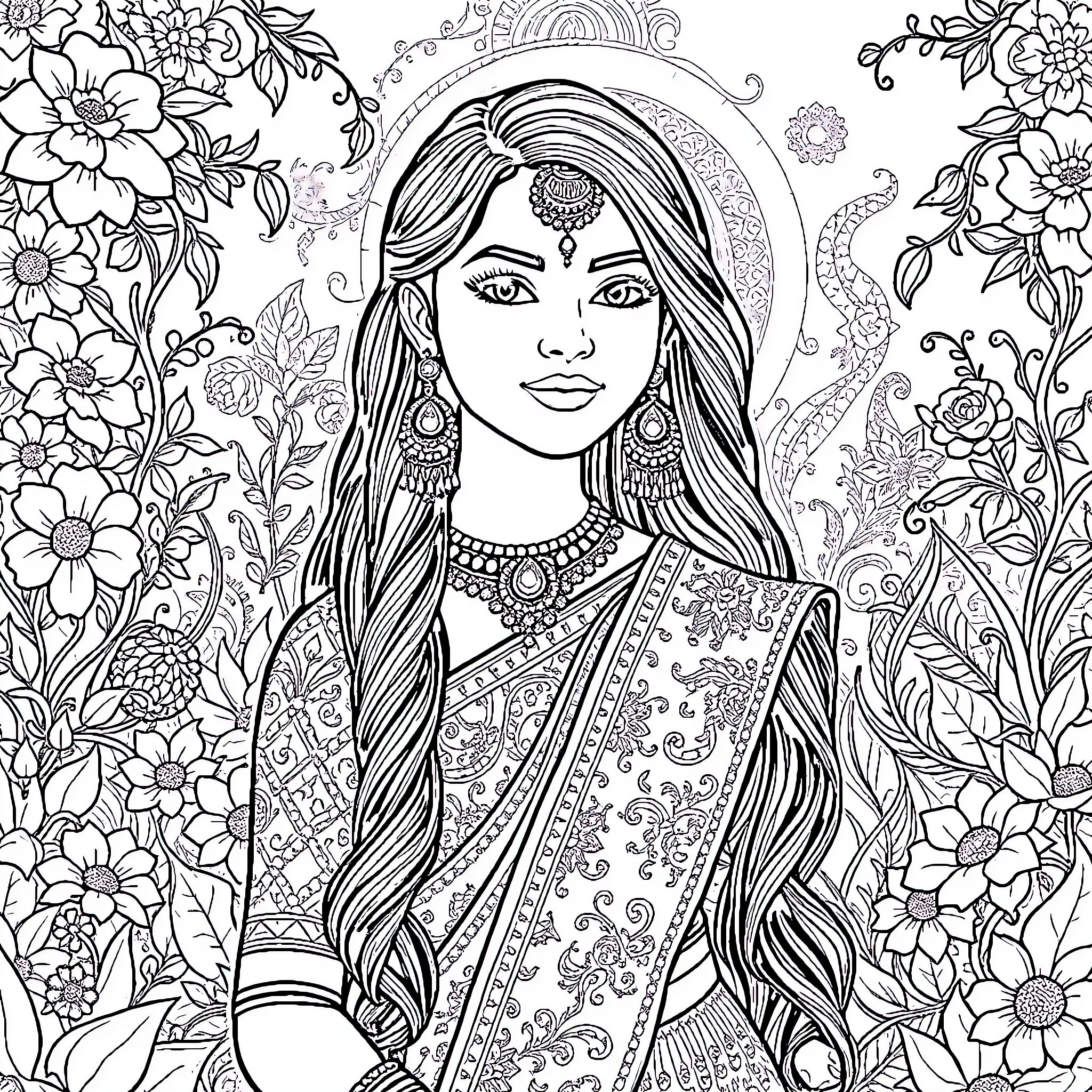 Girl in traditional Indian attire surrounded by floral designs Coloring Page (free black-and-white line drawing printable PDF for all, from beginners to advanced learners, including children, teens, adults, and seniors)