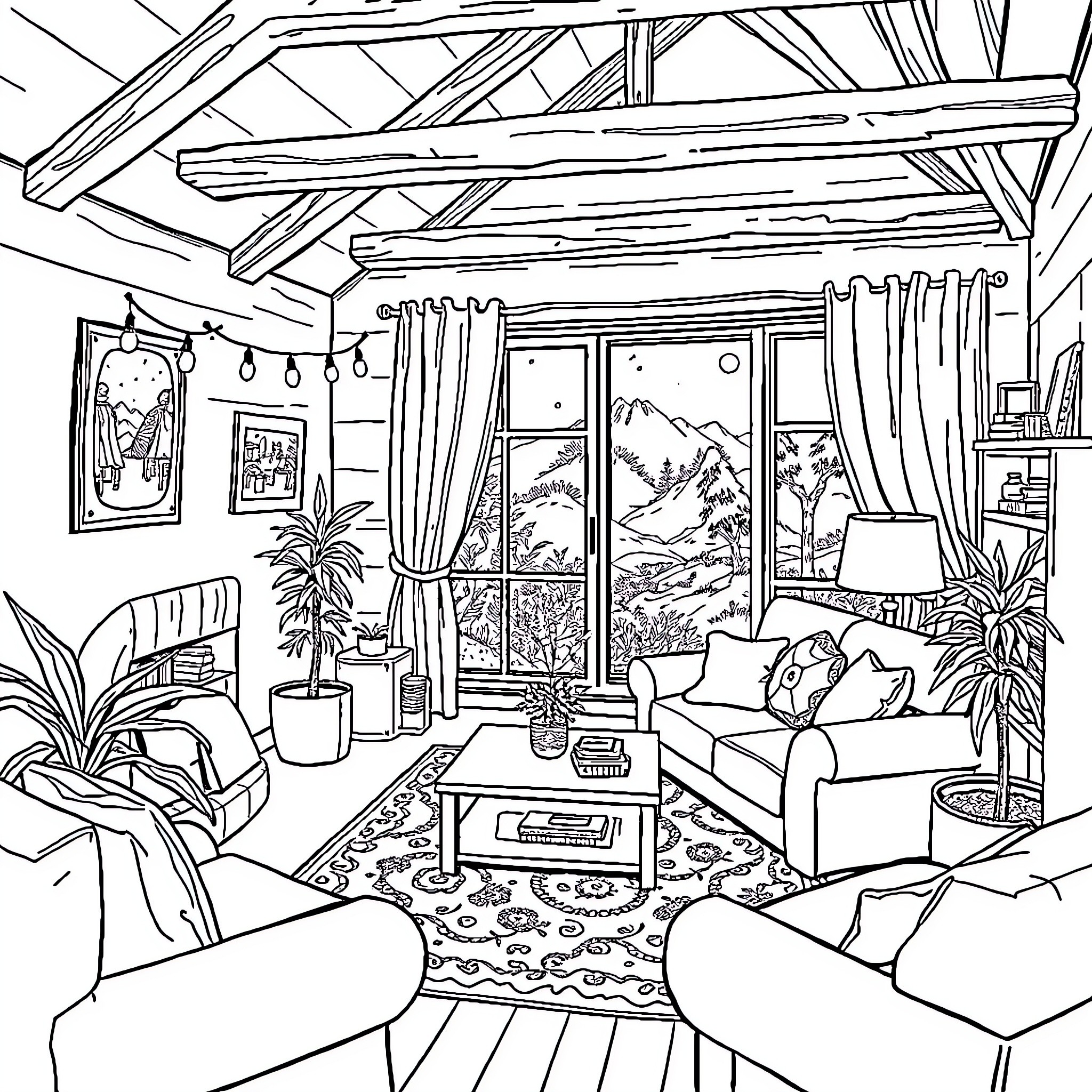 Housing Furnishing and Decor of Cozy Cabin Interior Coloring Page (free black-and-white line drawing printable PDF for all, from beginners to advanced learners, including children, teens, adults, and seniors)