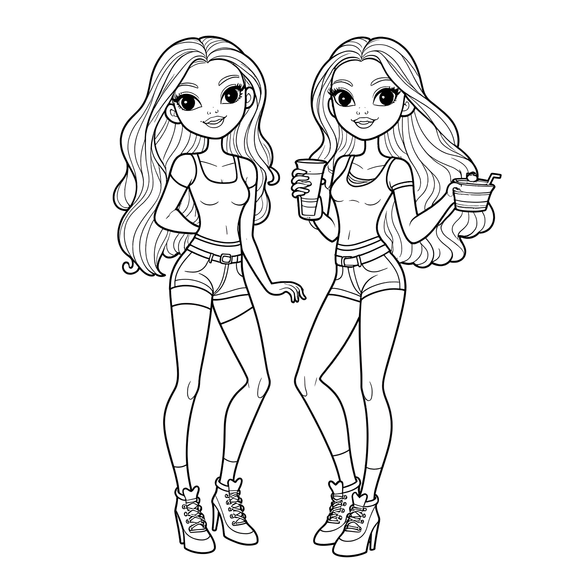 Bratz girls with fashionable outfits and expressions Coloring Page (free black-and-white line drawing printable PDF for all, from beginners to advanced learners, including children, teens, adults, and seniors)