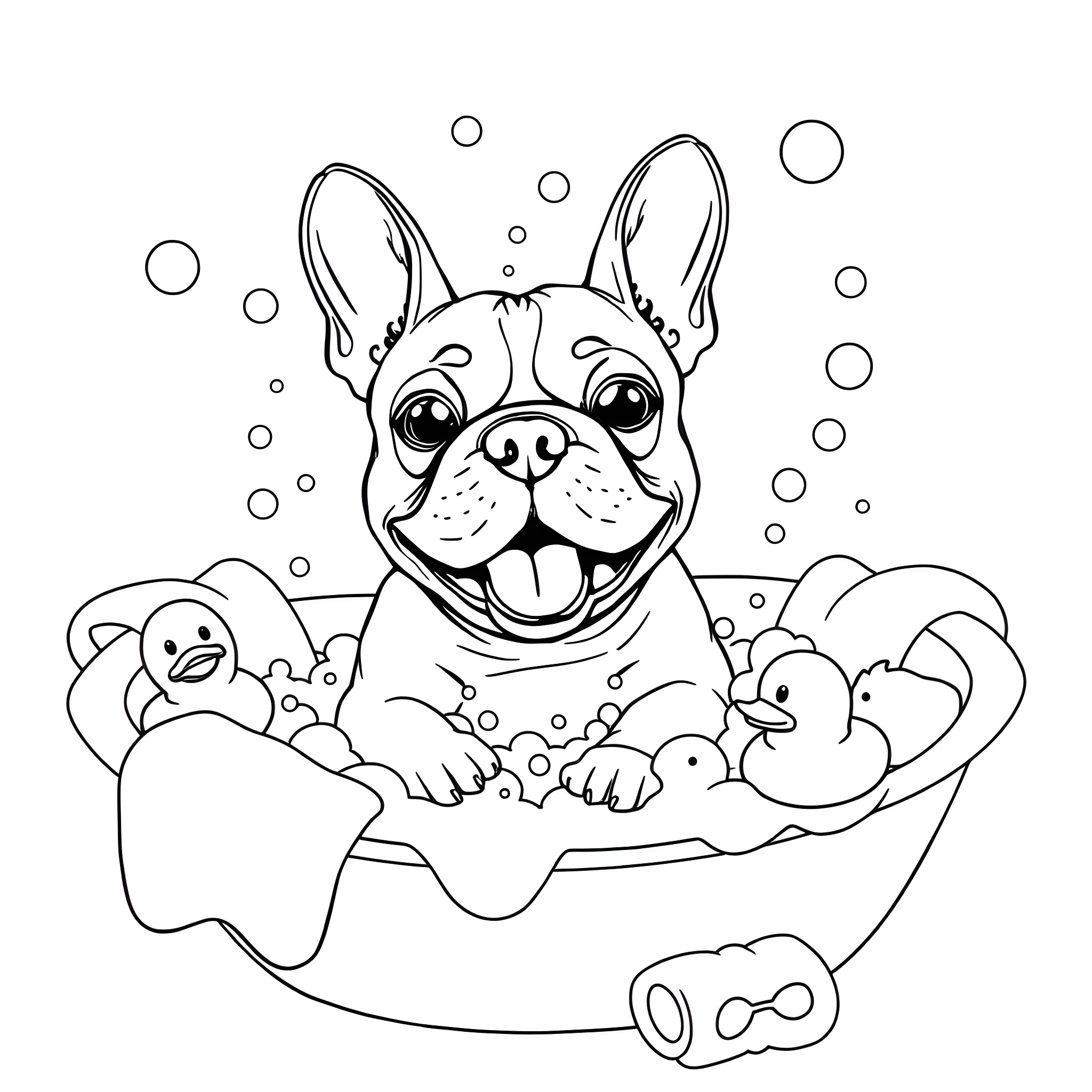 French Bulldog enjoying bath time with toys Coloring Page (free black-and-white line drawing printable PDF for all, from beginners to advanced learners, including children, teens, adults, and seniors)