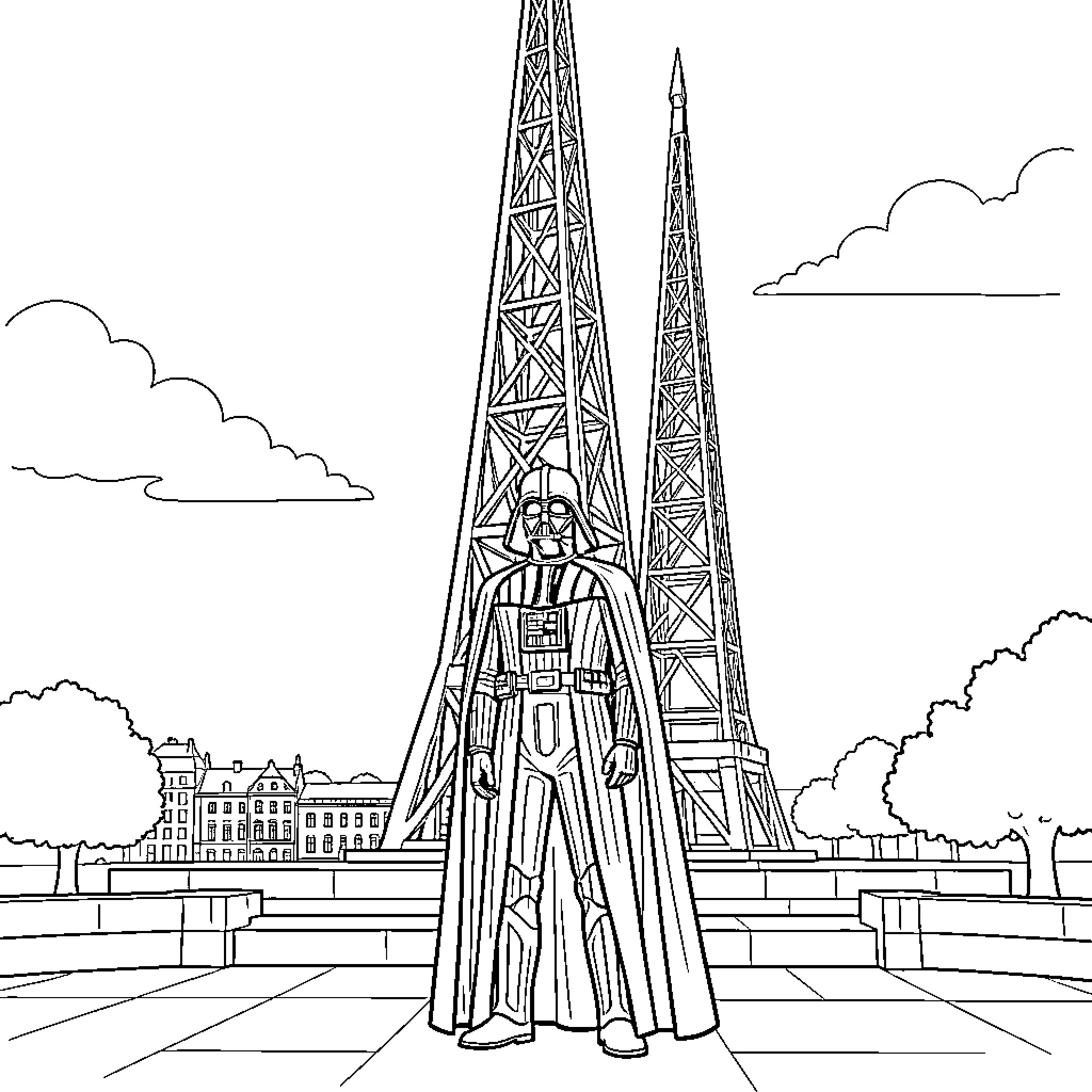 Darth Vader standing in front of tall towers Coloring Page (free black-and-white line drawing printable PDF for all, from beginners to advanced learners, including children, teens, adults, and seniors)
