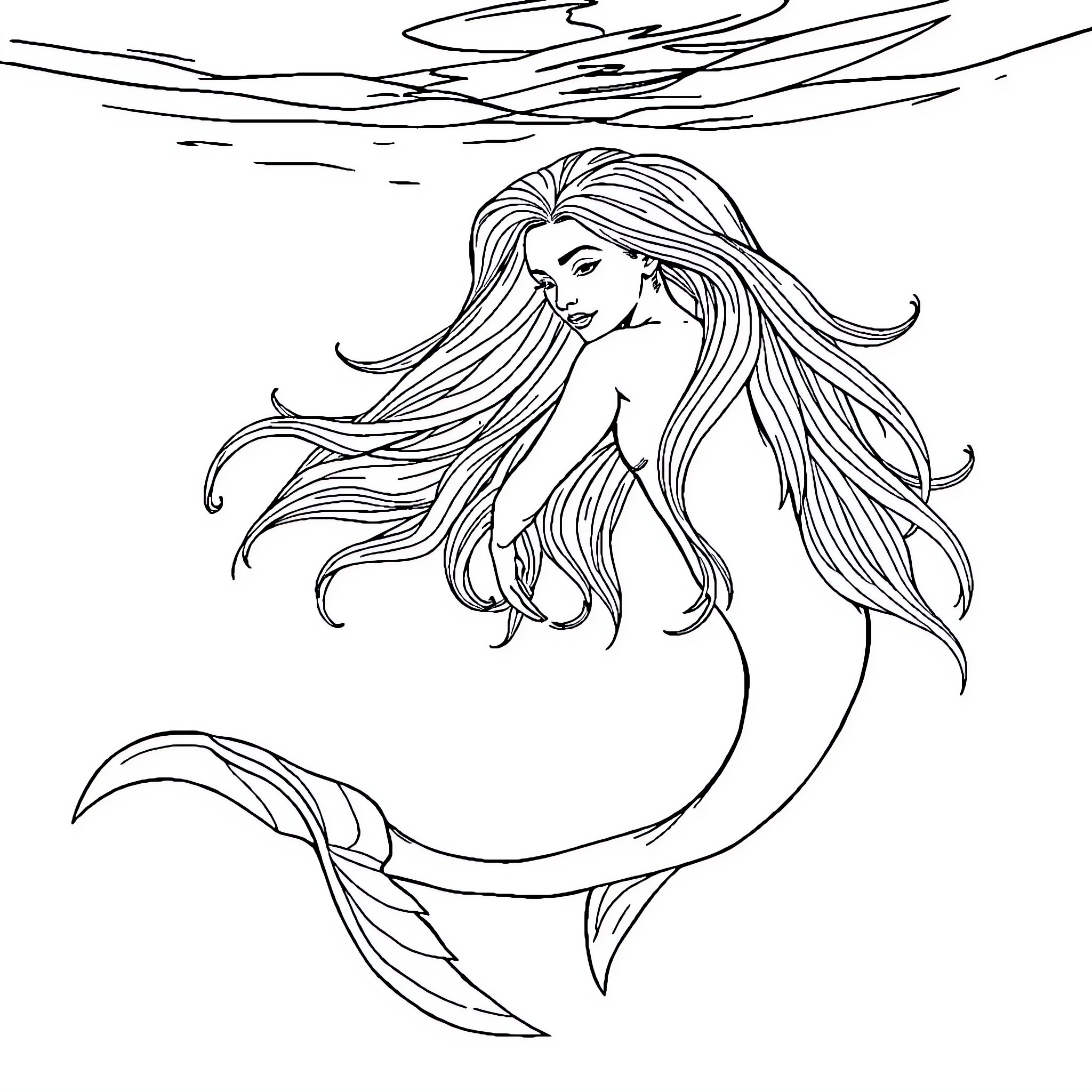 Mermaid swimming gracefully in the ocean Coloring Page (free black-and-white line drawing printable PDF for all, from beginners to advanced learners, including children, teens, adults, and seniors)