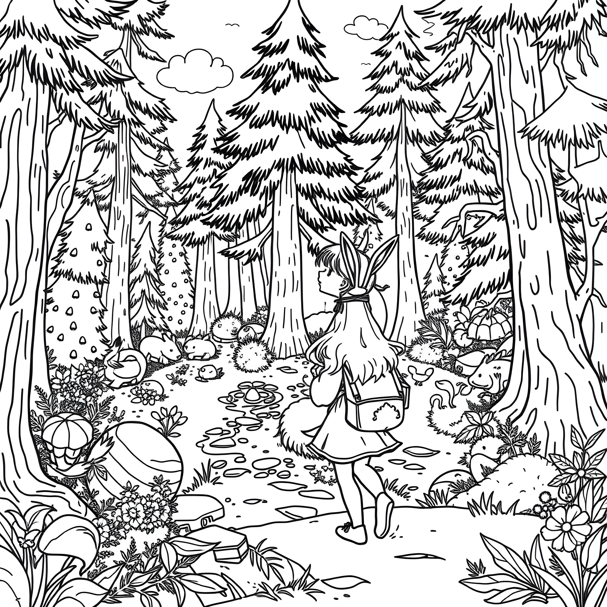 Bunny exploring the enchanted forest Coloring Page (free black-and-white line drawing printable PDF for all, from beginners to advanced learners, including children, teens, adults, and seniors)
