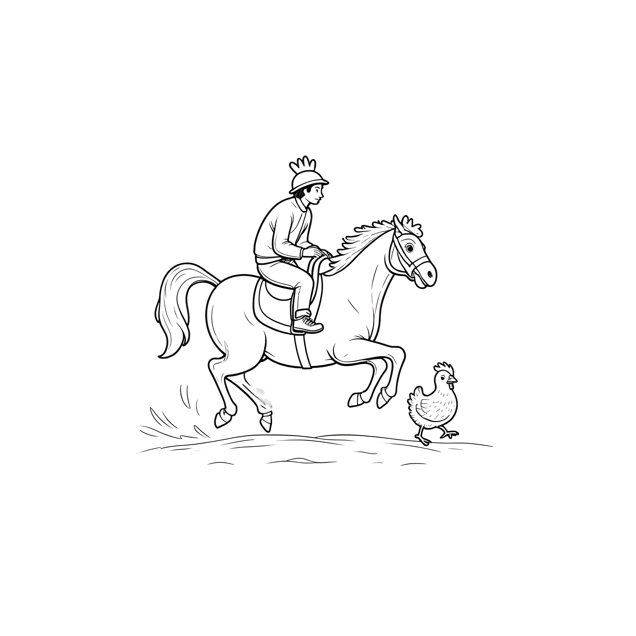 Chicken Rider on a Galloping Horse Coloring Page (free black-and-white line drawing printable PDF for all, from beginners to advanced learners, including children, teens, adults, and seniors)