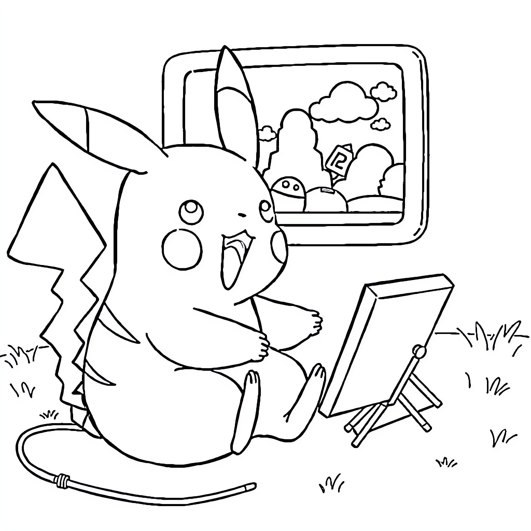 Pikachu drawing a landscape on an easel Coloring Page (free black-and-white line drawing printable PDF for all, from beginners to advanced learners, including children, teens, adults, and seniors)