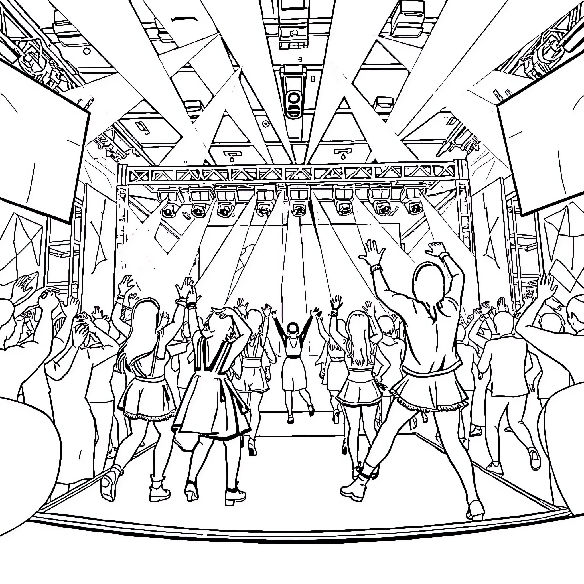 Kpop performance on a vibrant stage Coloring Page (free black-and-white line drawing printable PDF for all, from beginners to advanced learners, including children, teens, adults, and seniors)