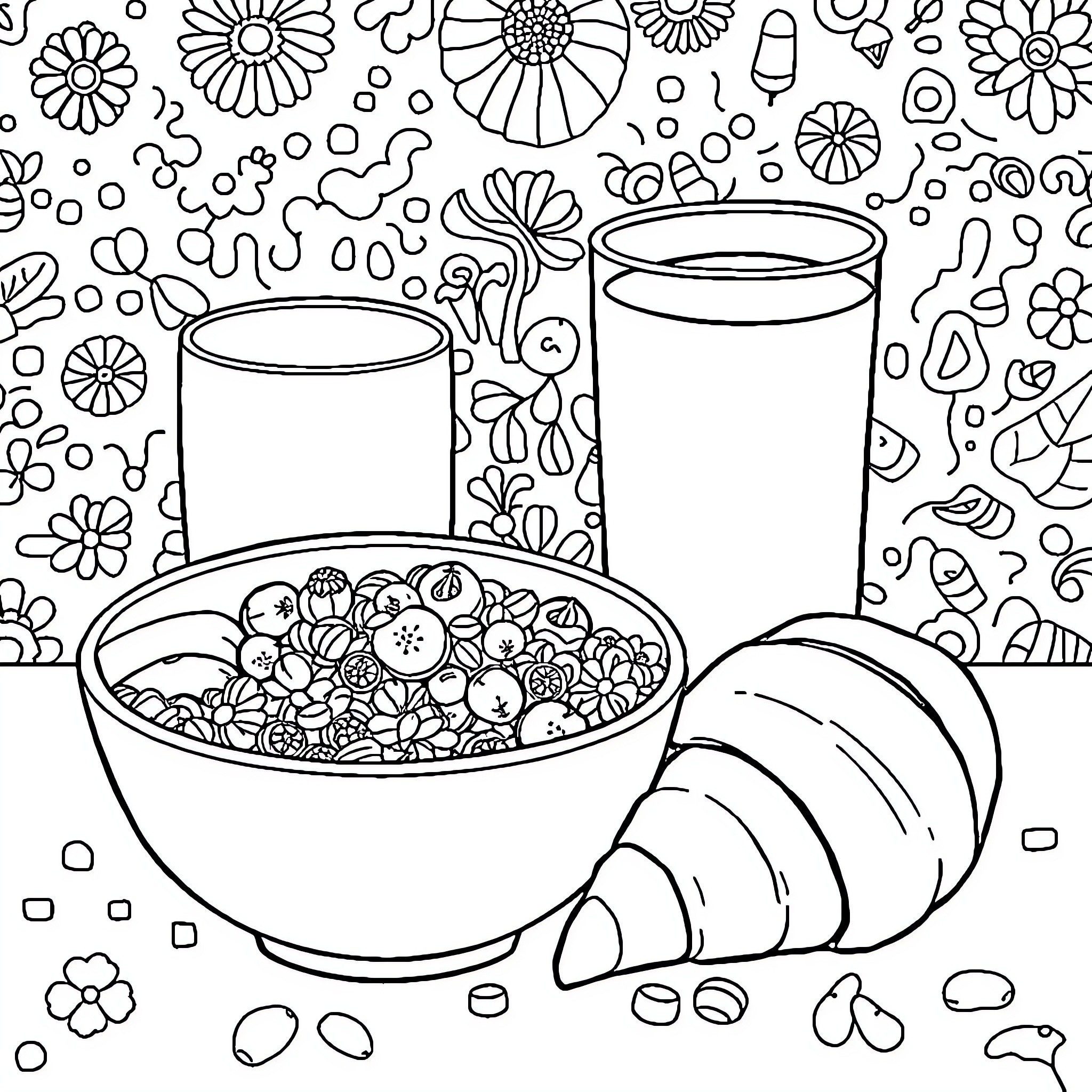 Breakfast with Floral Motifs Coloring Page (free black-and-white line drawing printable PDF for all, from beginners to advanced learners, including children, teens, adults, and seniors)