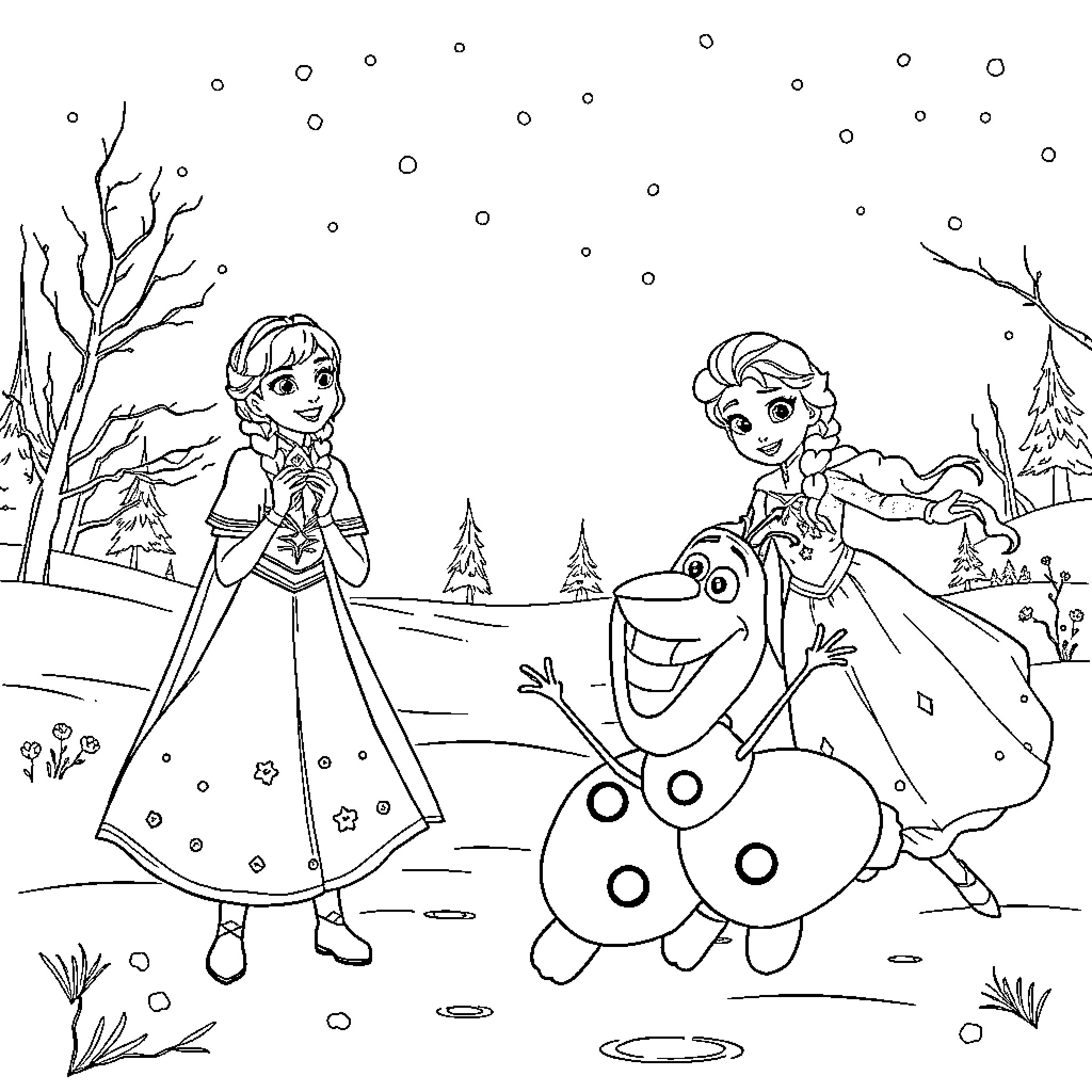 Anna's Winter Adventure with Olaf Coloring Page (free black-and-white line drawing printable PDF for all, from beginners to advanced learners, including children, teens, adults, and seniors)