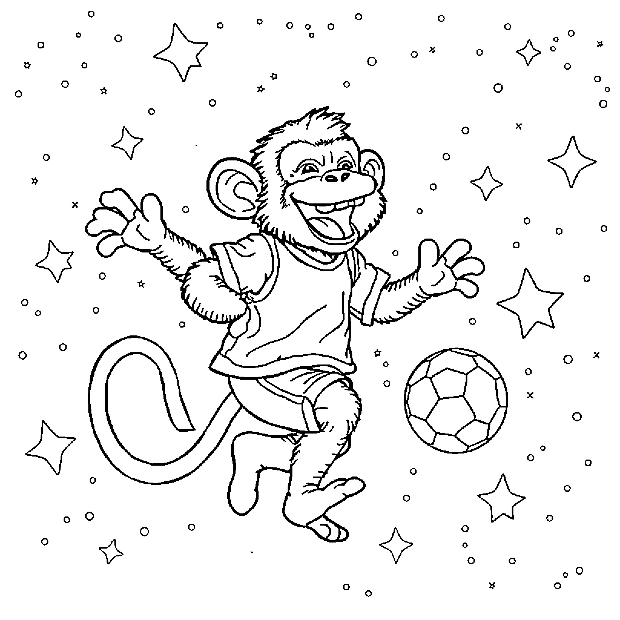 Monkey playing with soccer ball among stars Coloring Page (free black-and-white line drawing printable PDF for all, from beginners to advanced learners, including children, teens, adults, and seniors)