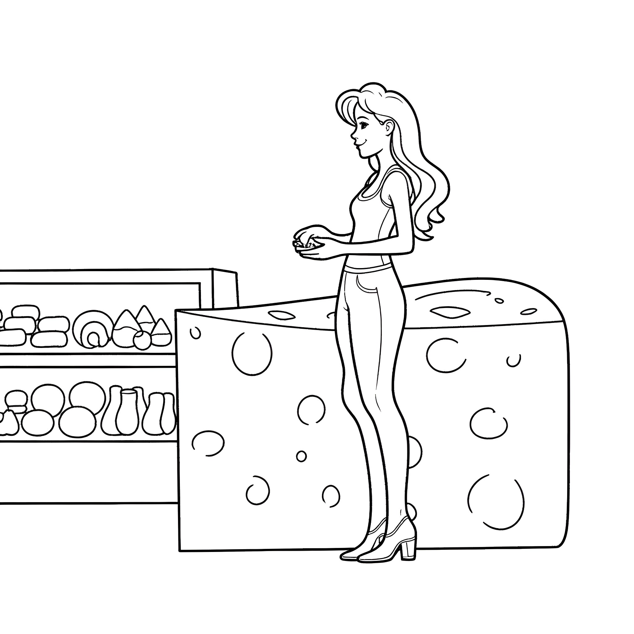 Cheese Vendor Proudly Displays Assortment Coloring Page (free black-and-white line drawing printable PDF for all, from beginners to advanced learners, including children, teens, adults, and seniors)