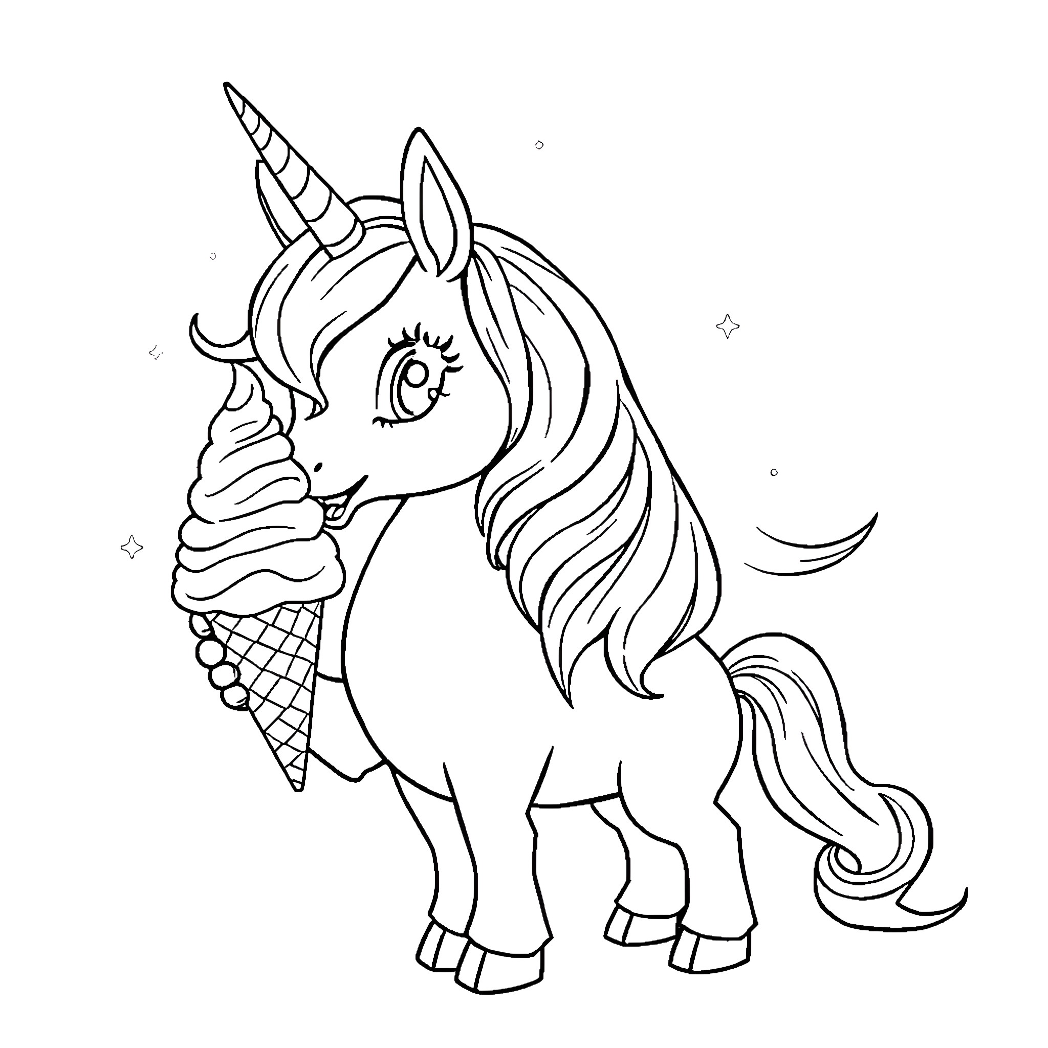 Unicorn enjoying an ice cream cone Coloring Page (free black-and-white line drawing printable PDF for all, from beginners to advanced learners, including children, teens, adults, and seniors)
