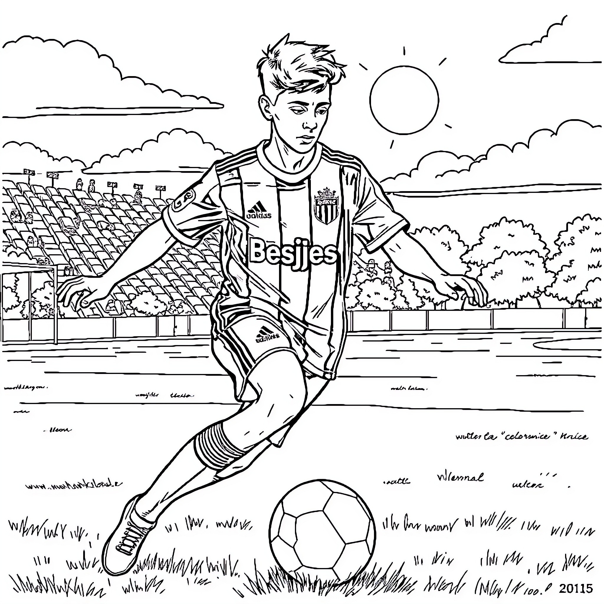 Soccer Player Kicking Ball on Field Coloring Page (free black-and-white line drawing printable PDF for all, from beginners to advanced learners, including children, teens, adults, and seniors)