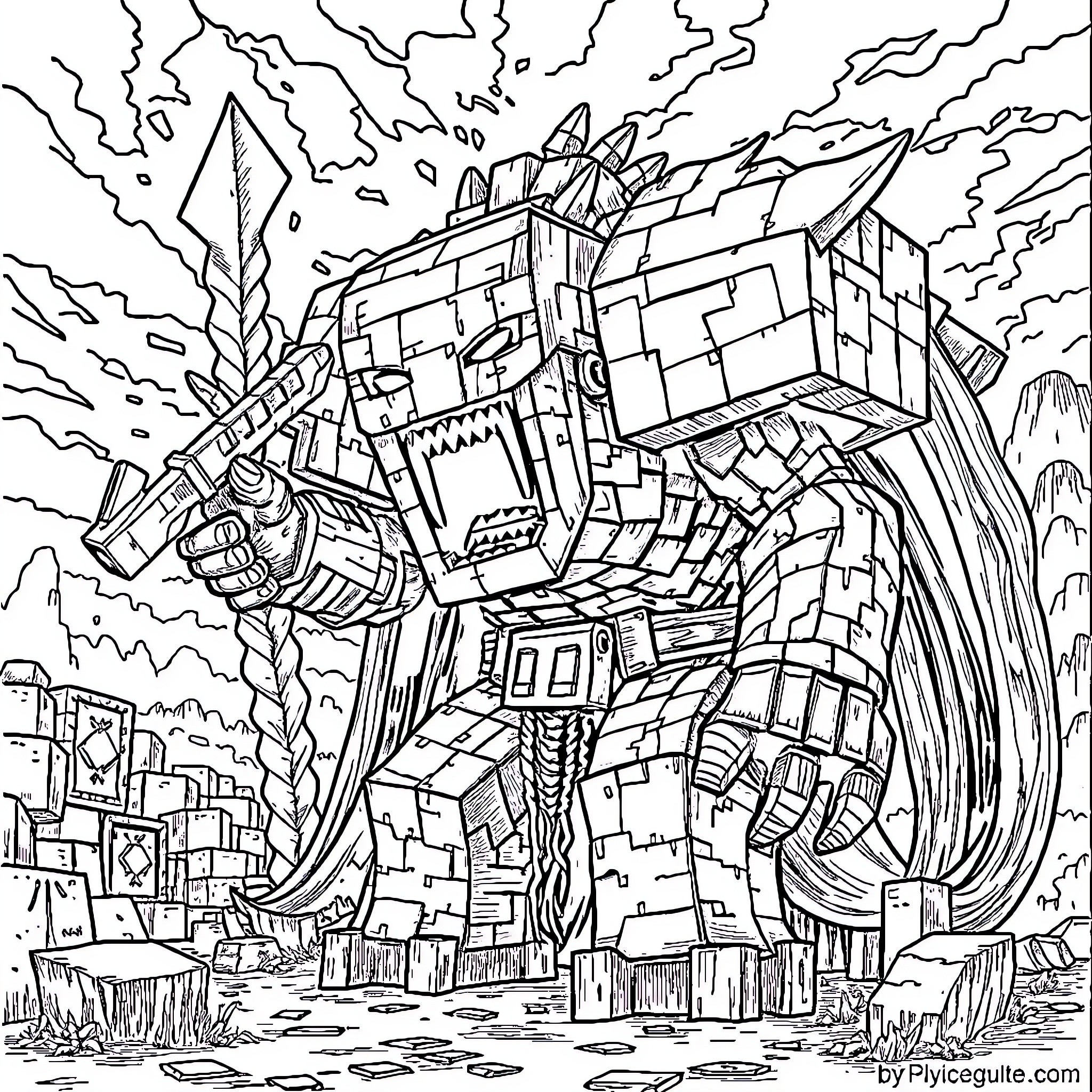 Warden of the Towering Mecha Fortress Coloring Page (free black-and-white line drawing printable PDF for all, from beginners to advanced learners, including children, teens, adults, and seniors)